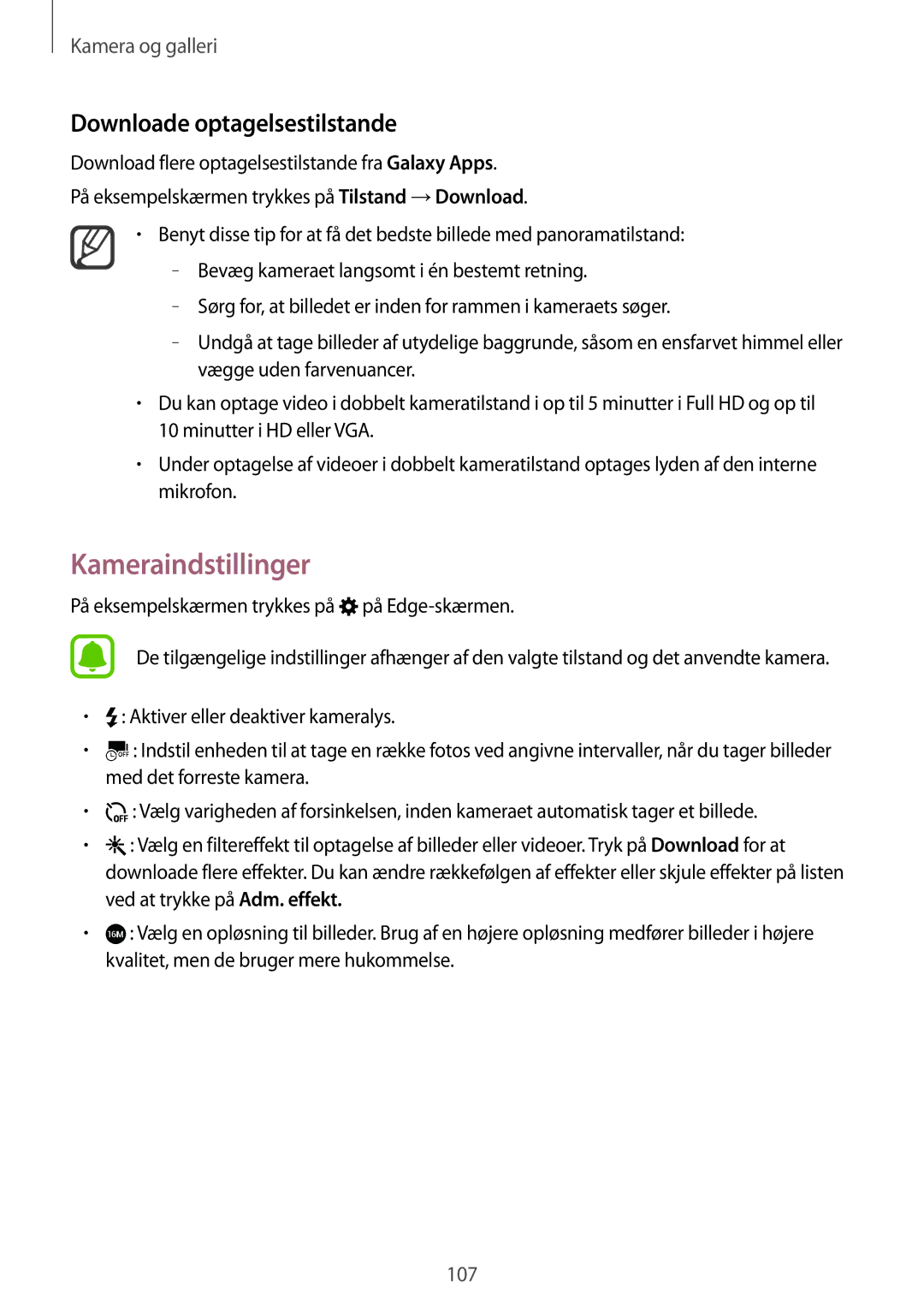 Samsung SM-N915FZKYNEE, SM-N915FZWYNEE manual Kameraindstillinger, Downloade optagelsestilstande 