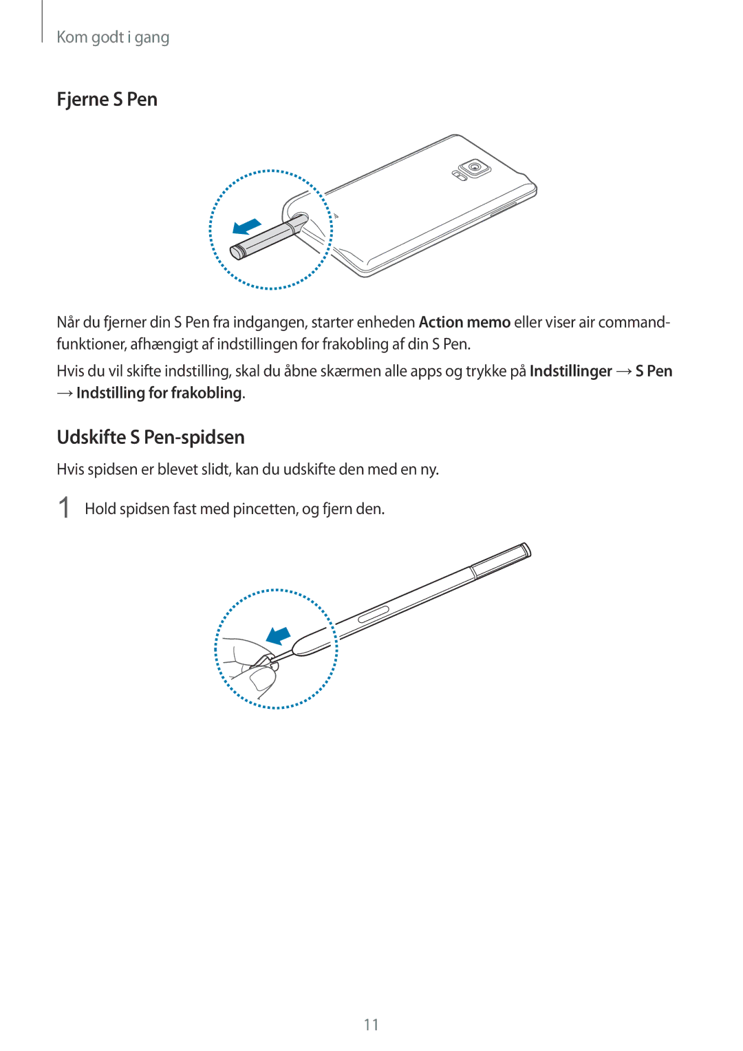 Samsung SM-N915FZKYNEE, SM-N915FZWYNEE manual Fjerne S Pen, Udskifte S Pen-spidsen, → Indstilling for frakobling 