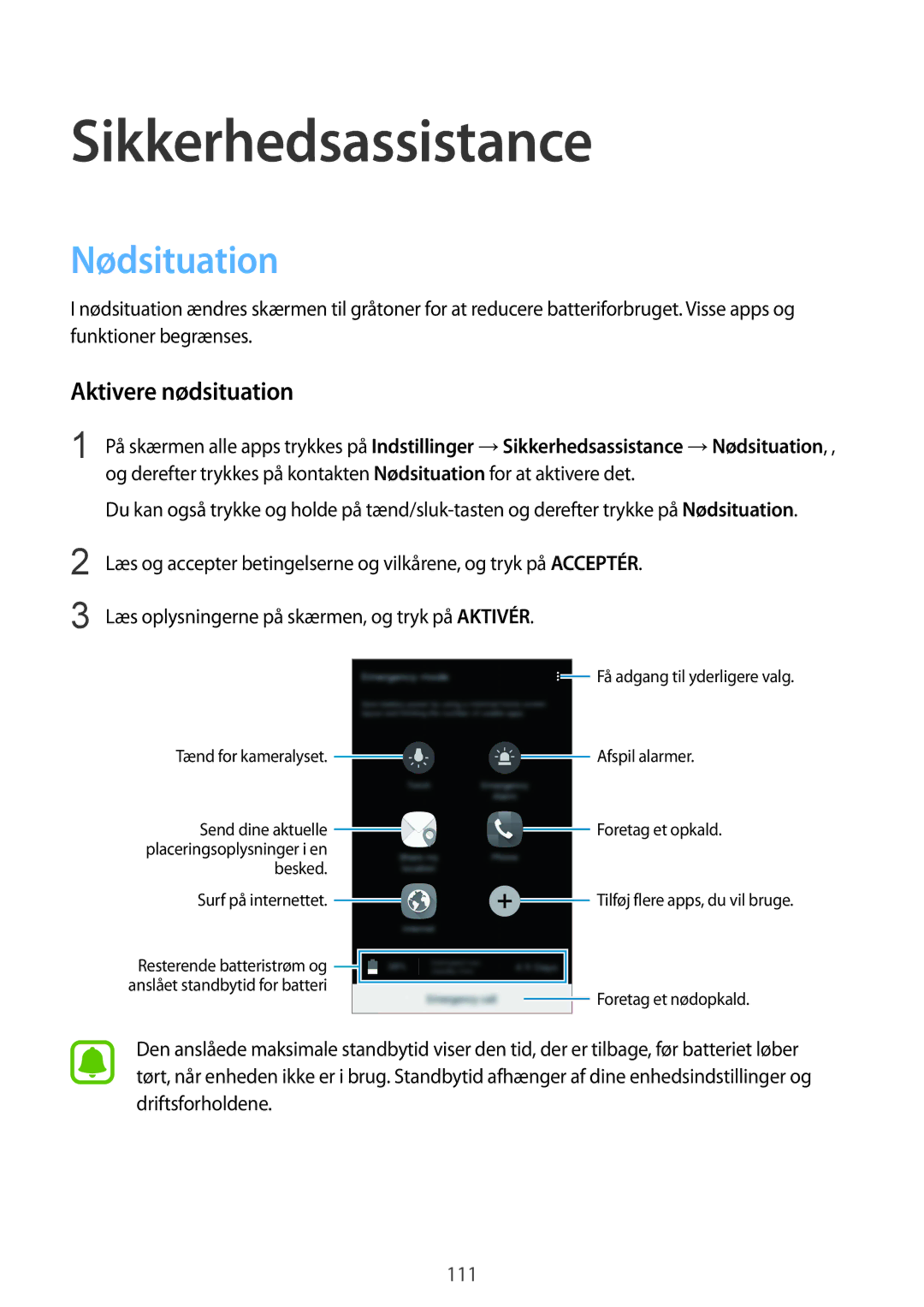 Samsung SM-N915FZKYNEE, SM-N915FZWYNEE manual Sikkerhedsassistance, Nødsituation, Aktivere nødsituation 