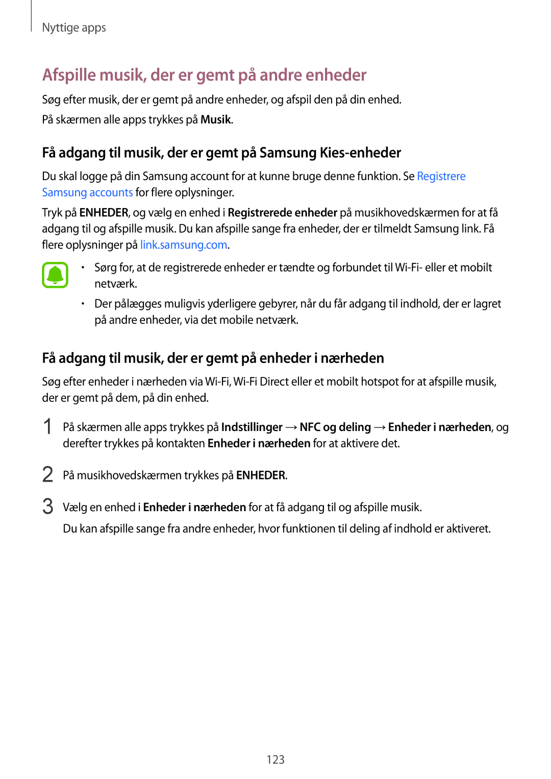 Samsung SM-N915FZKYNEE, SM-N915FZWYNEE manual Afspille musik, der er gemt på andre enheder 