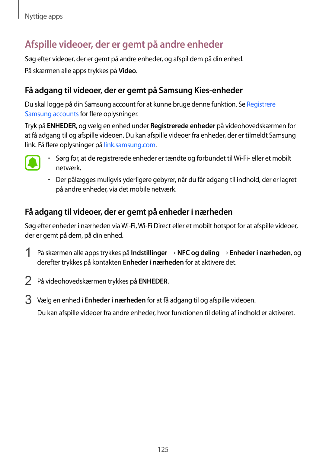 Samsung SM-N915FZKYNEE, SM-N915FZWYNEE manual Afspille videoer, der er gemt på andre enheder 