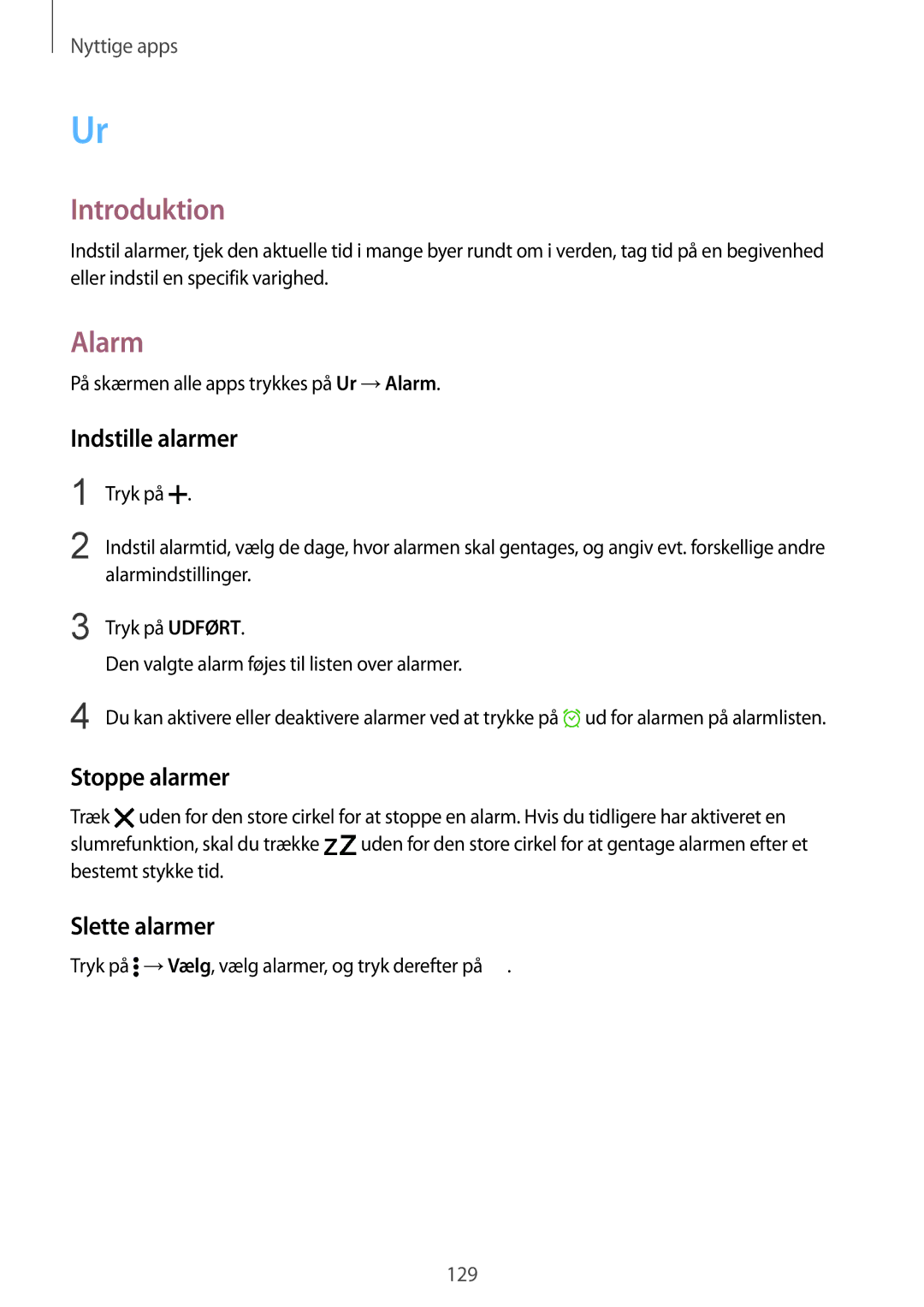 Samsung SM-N915FZKYNEE, SM-N915FZWYNEE manual Alarm, Indstille alarmer, Stoppe alarmer, Slette alarmer 