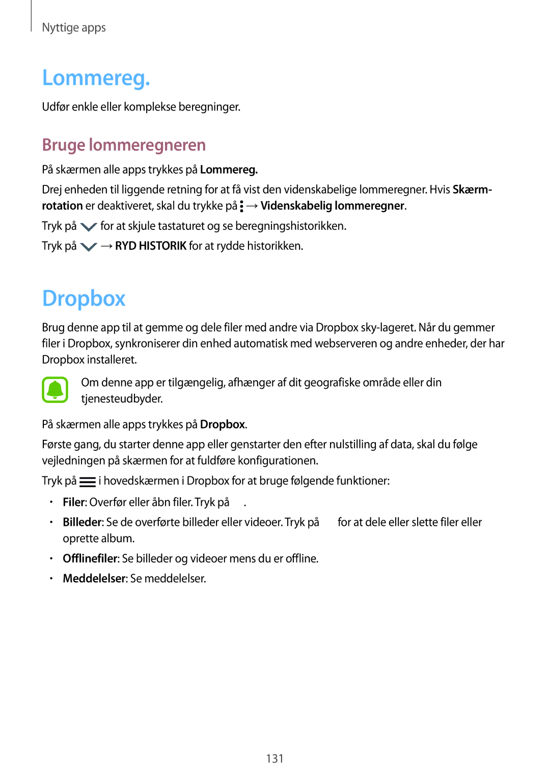 Samsung SM-N915FZKYNEE, SM-N915FZWYNEE manual Lommereg, Dropbox, Bruge lommeregneren 