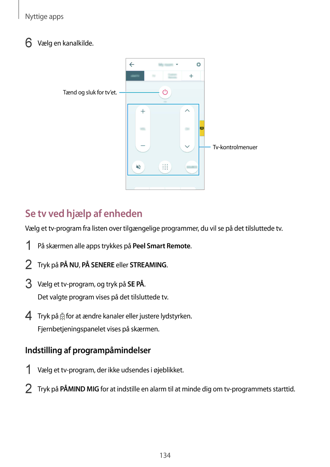 Samsung SM-N915FZWYNEE, SM-N915FZKYNEE manual Se tv ved hjælp af enheden, Indstilling af programpåmindelser 