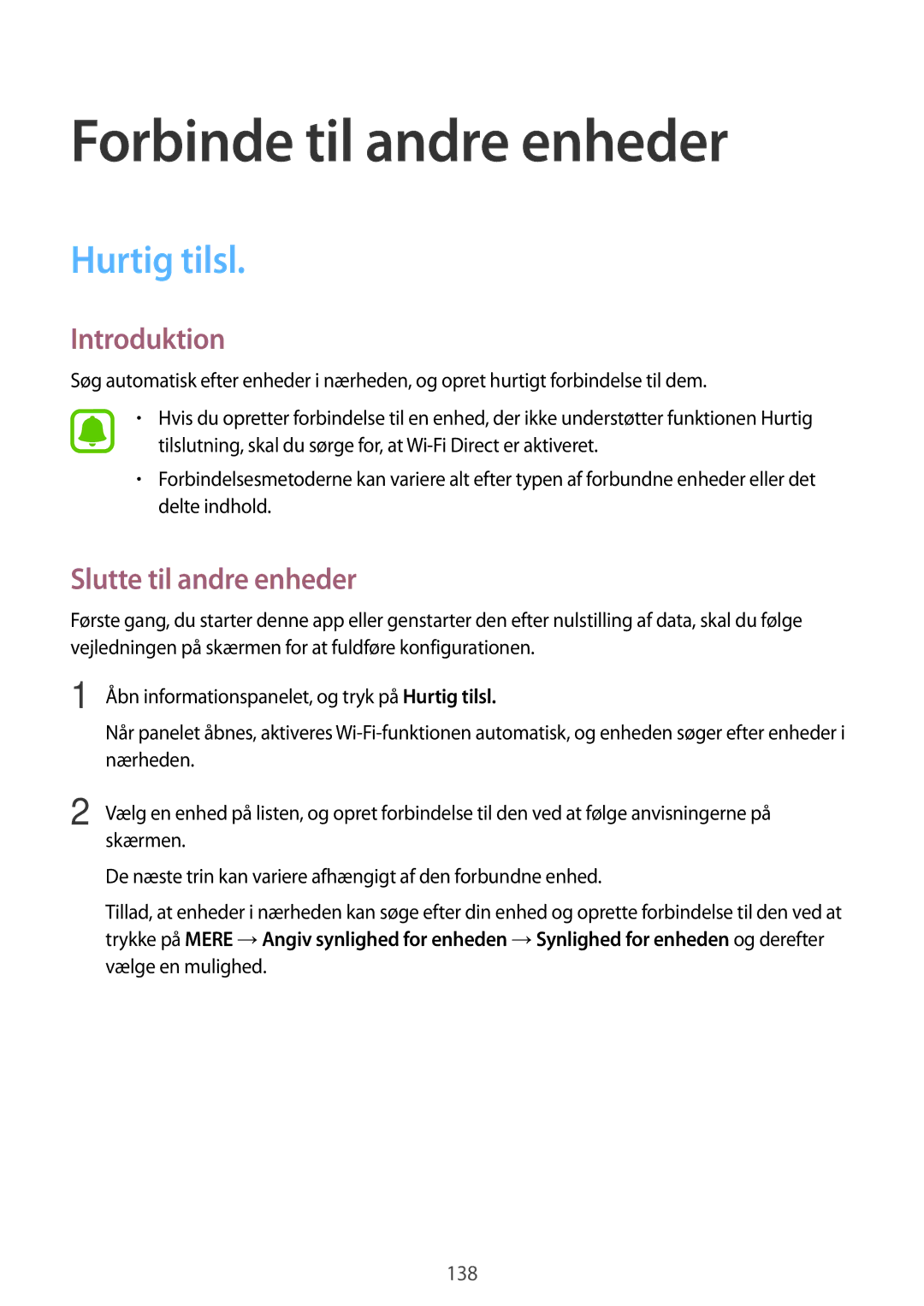 Samsung SM-N915FZWYNEE, SM-N915FZKYNEE manual Forbinde til andre enheder, Hurtig tilsl, Slutte til andre enheder 