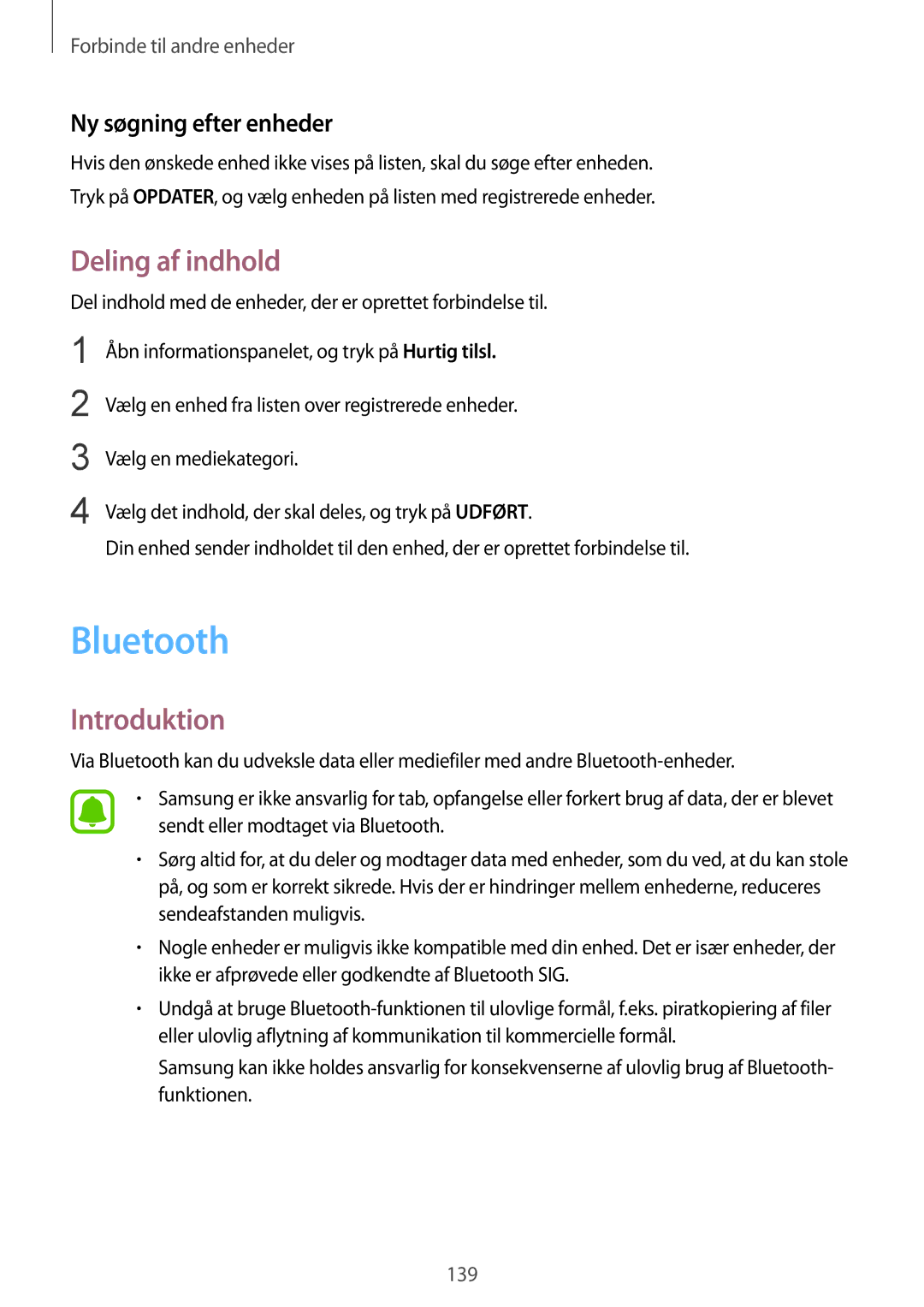 Samsung SM-N915FZKYNEE, SM-N915FZWYNEE manual Bluetooth, Deling af indhold, Ny søgning efter enheder 