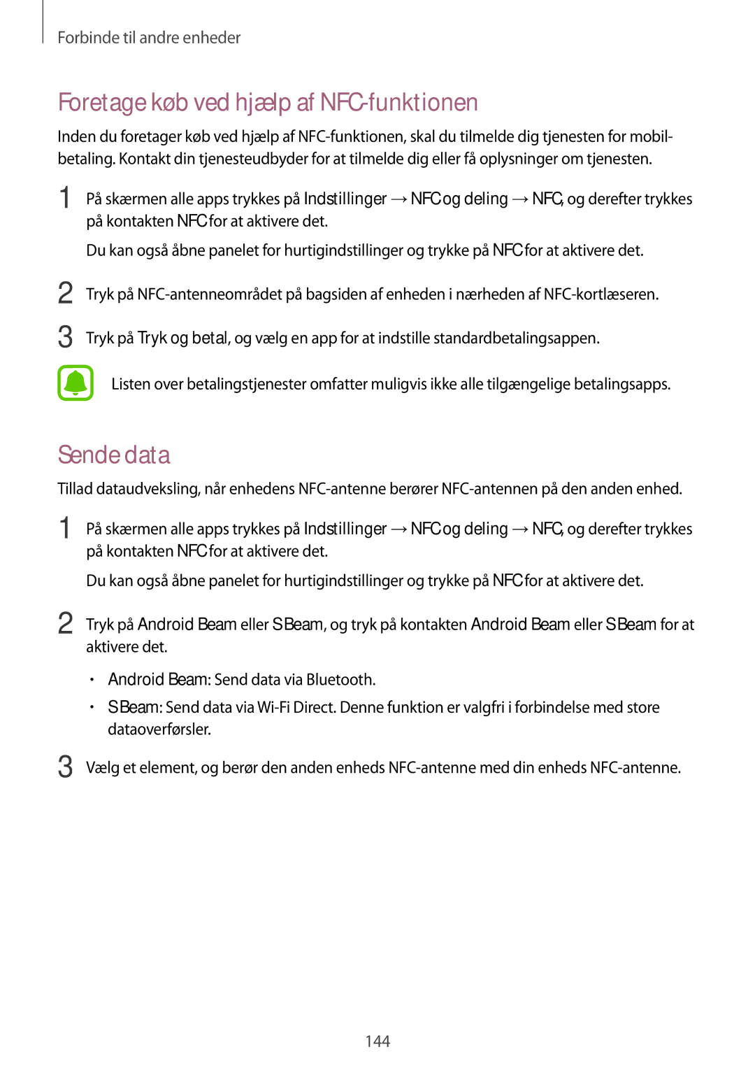 Samsung SM-N915FZWYNEE, SM-N915FZKYNEE manual Foretage køb ved hjælp af NFC-funktionen, Sende data 