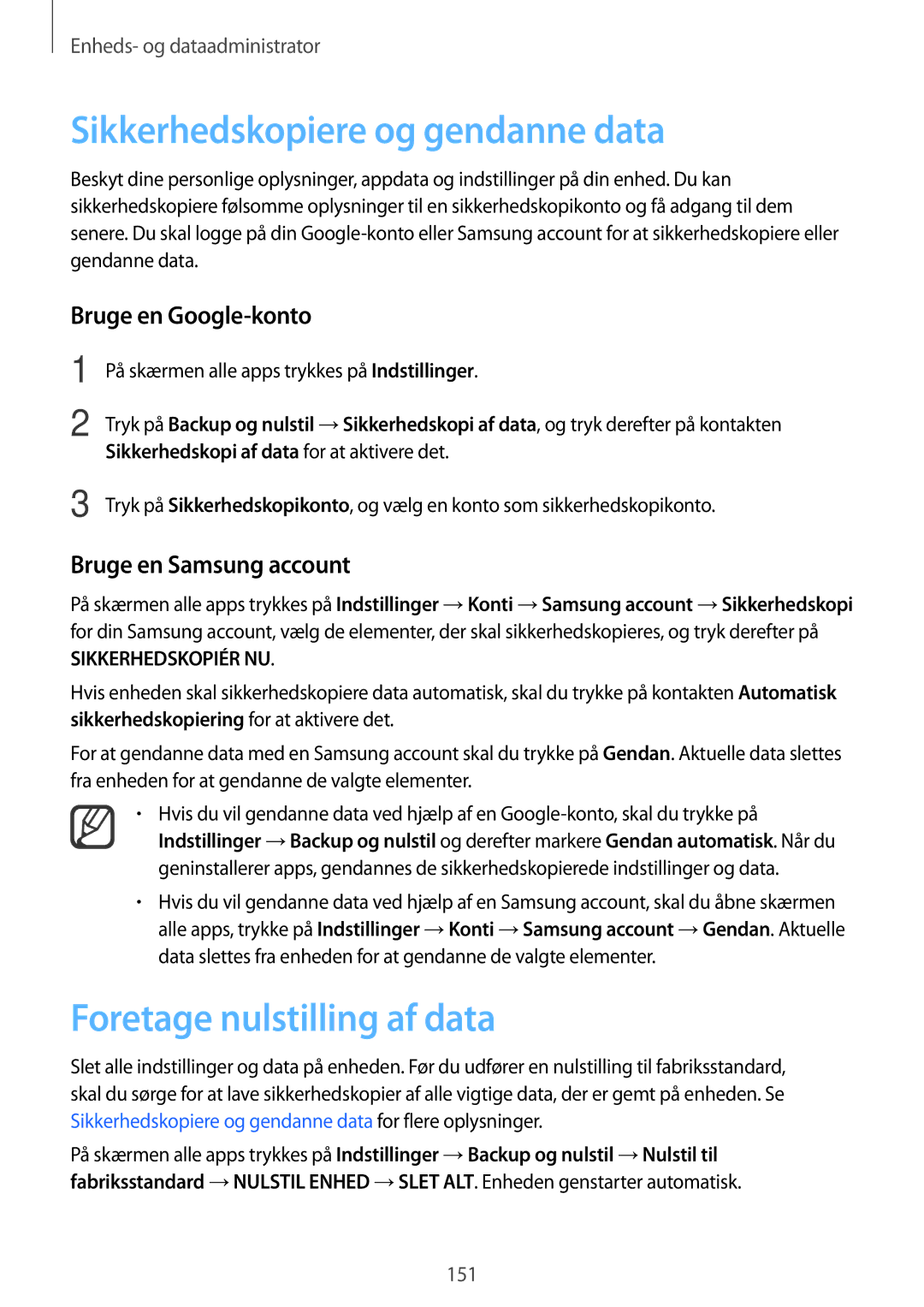 Samsung SM-N915FZKYNEE manual Sikkerhedskopiere og gendanne data, Foretage nulstilling af data, Bruge en Google-konto 