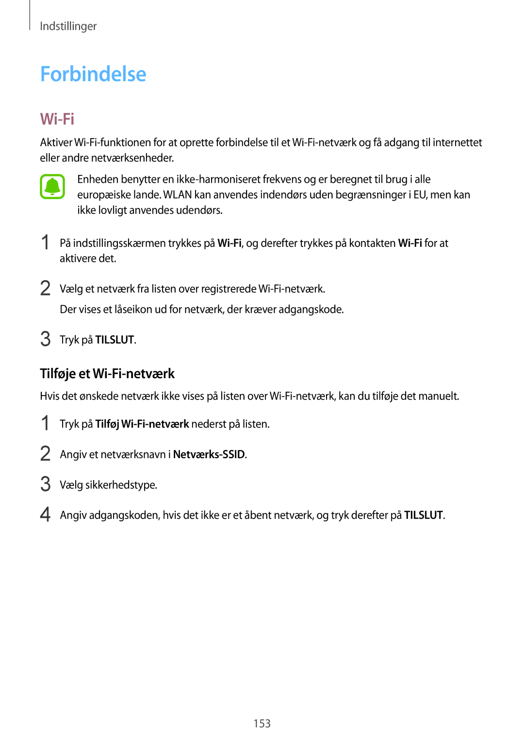 Samsung SM-N915FZKYNEE, SM-N915FZWYNEE manual Forbindelse, Tilføje et Wi-Fi-netværk 