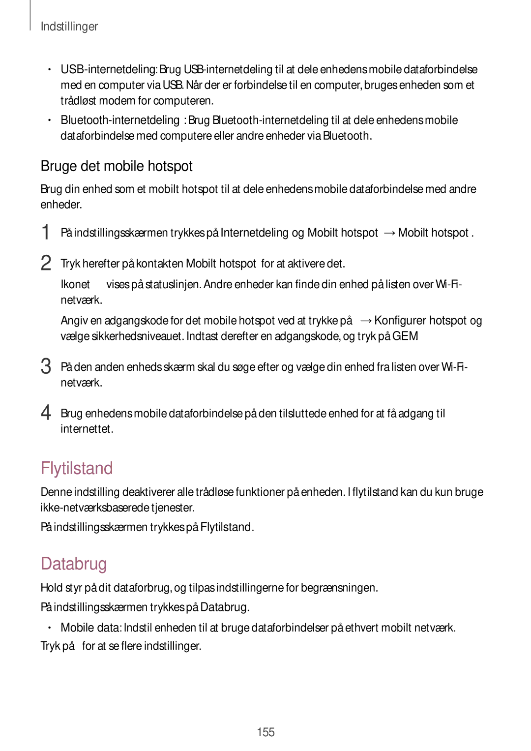 Samsung SM-N915FZKYNEE, SM-N915FZWYNEE manual Flytilstand, Databrug, Bruge det mobile hotspot 