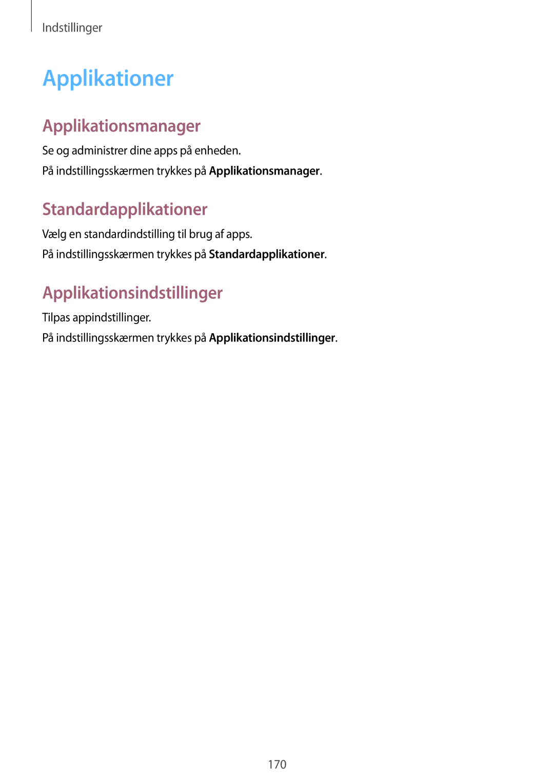 Samsung SM-N915FZWYNEE manual Applikationer, Applikationsmanager, Standardapplikationer, Applikationsindstillinger 