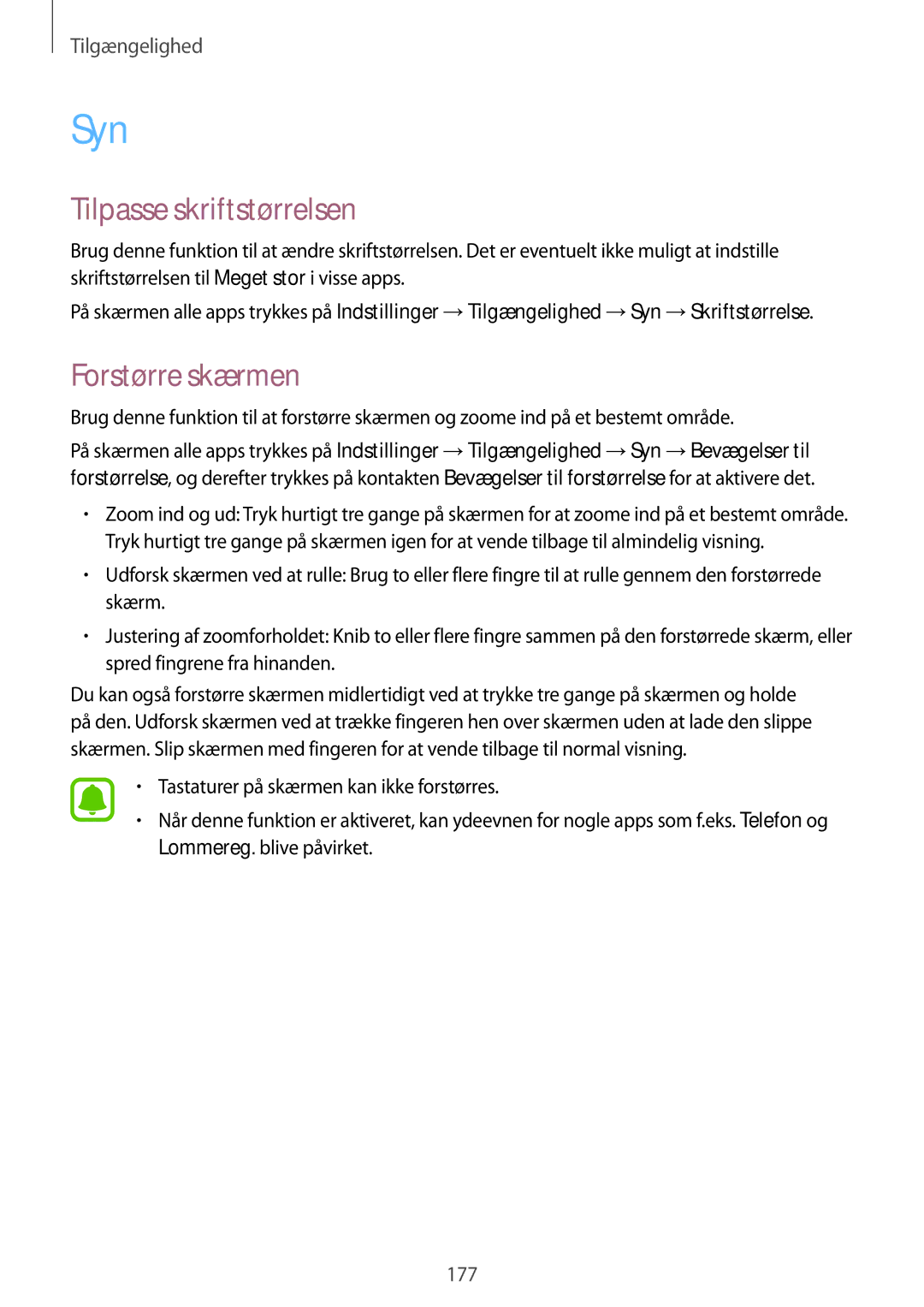 Samsung SM-N915FZKYNEE, SM-N915FZWYNEE manual Syn, Tilpasse skriftstørrelsen, Forstørre skærmen 