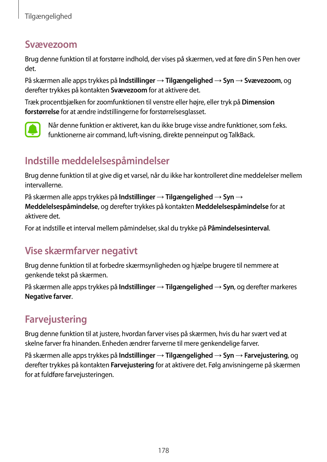 Samsung SM-N915FZWYNEE manual Svævezoom, Indstille meddelelsespåmindelser, Vise skærmfarver negativt, Farvejustering 