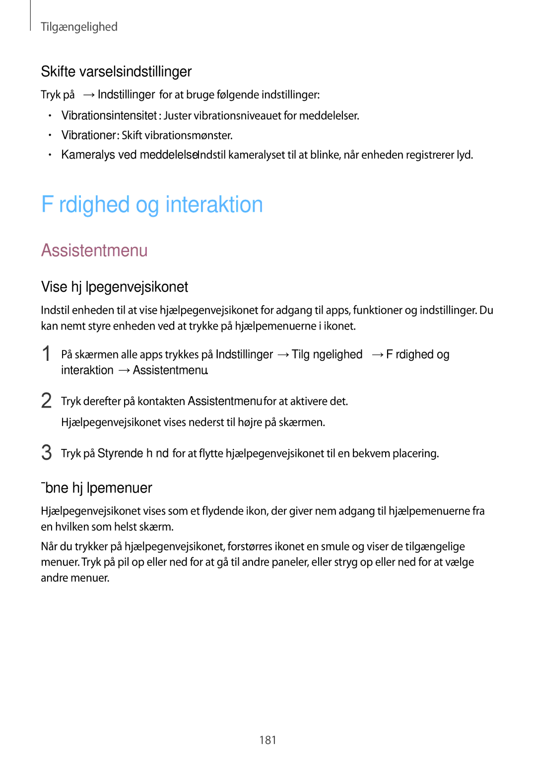 Samsung SM-N915FZKYNEE Færdighed og interaktion, Assistentmenu, Skifte varselsindstillinger, Vise hjælpegenvejsikonet 