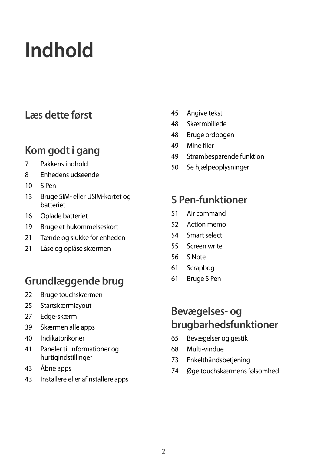 Samsung SM-N915FZWYNEE, SM-N915FZKYNEE manual Indhold, Læs dette først Kom godt i gang 