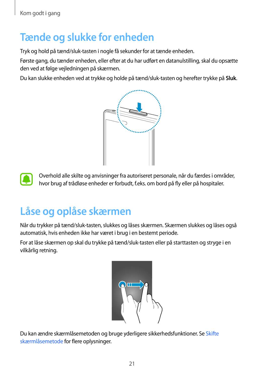 Samsung SM-N915FZKYNEE, SM-N915FZWYNEE manual Tænde og slukke for enheden, Låse og oplåse skærmen 