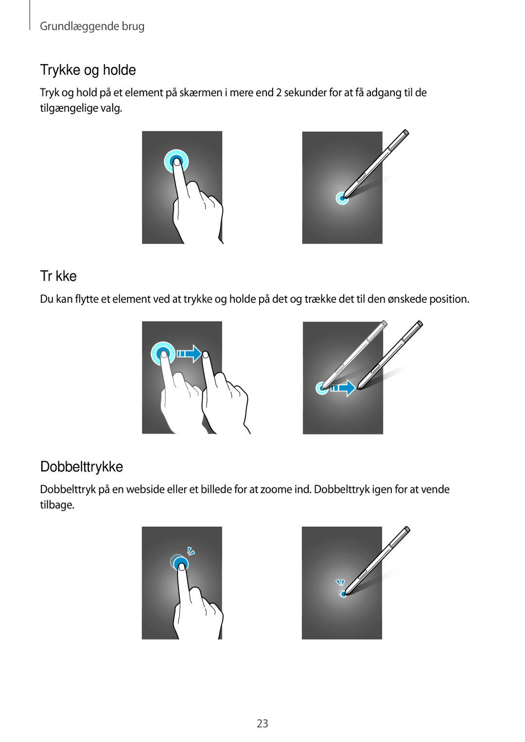 Samsung SM-N915FZKYNEE, SM-N915FZWYNEE manual Trykke og holde, Trække, Dobbelttrykke 