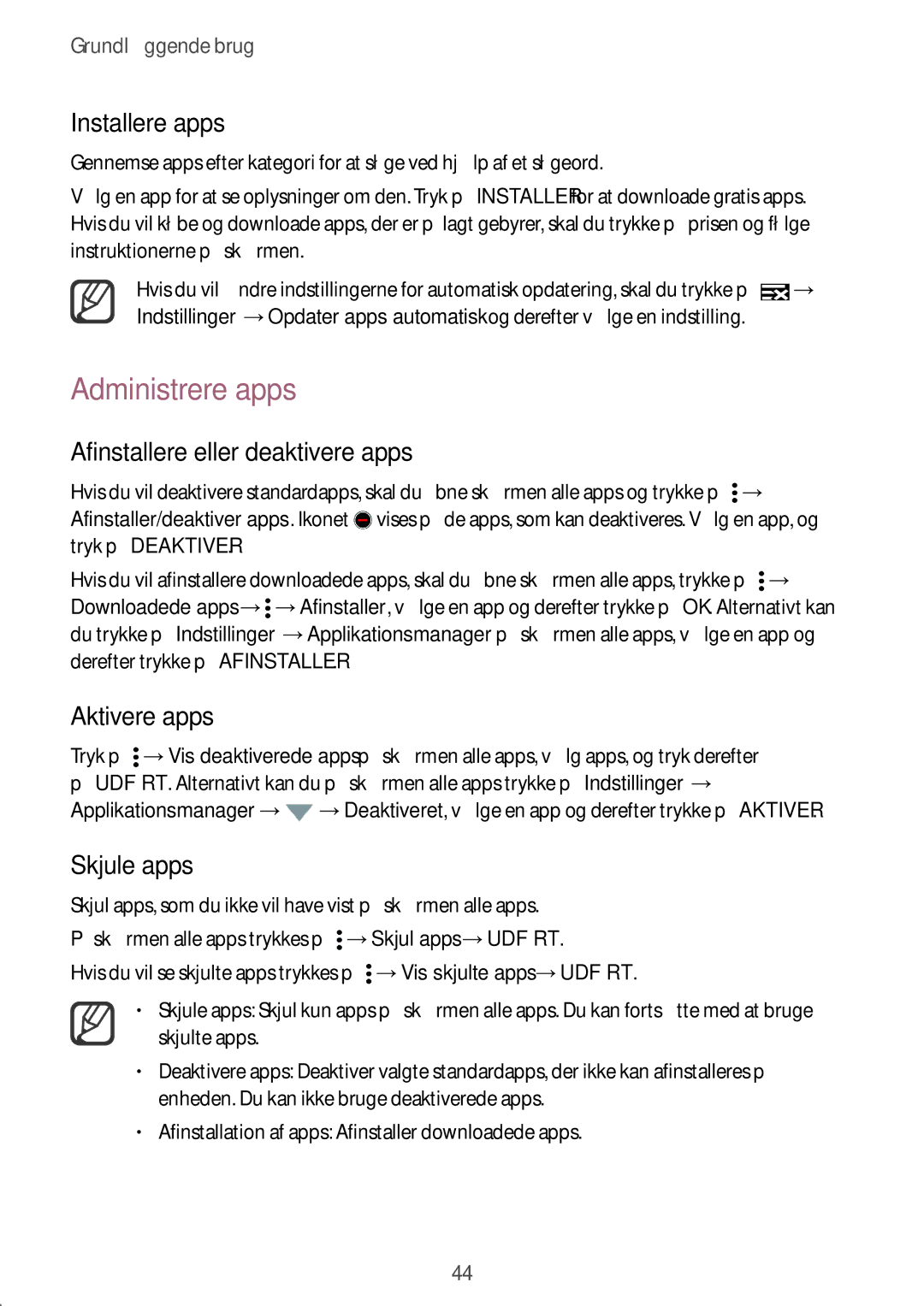 Samsung SM-N915FZWYNEE, SM-N915FZKYNEE Administrere apps, Afinstallere eller deaktivere apps, Aktivere apps, Skjule apps 