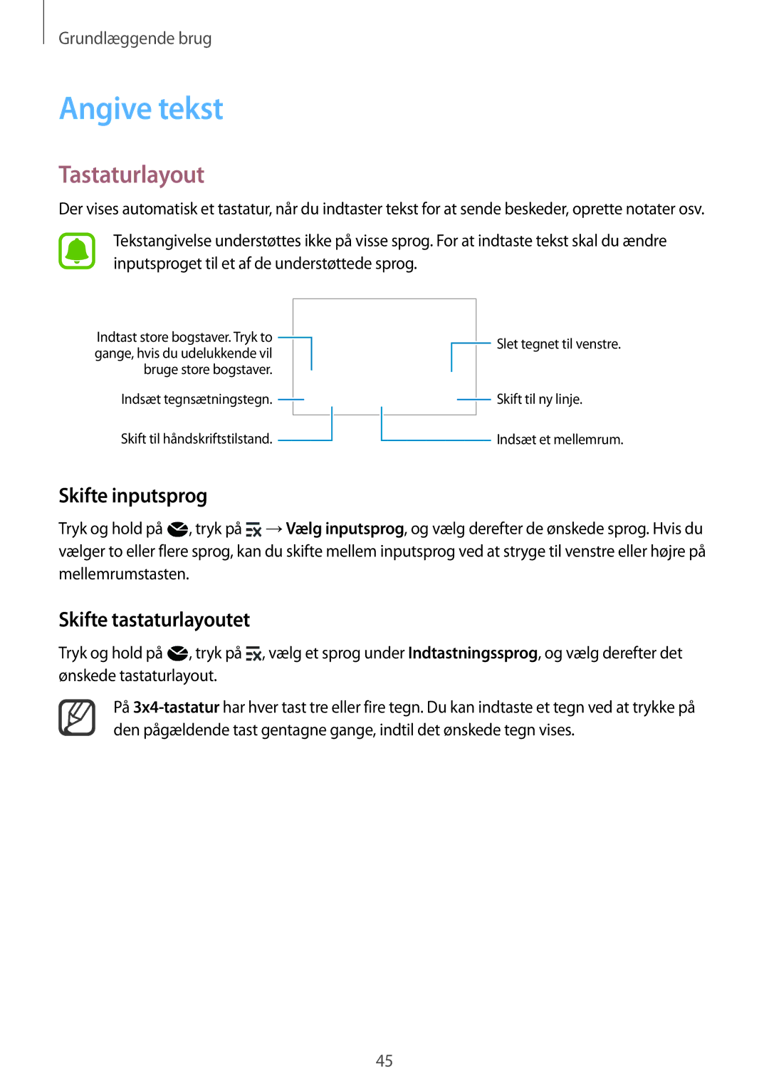 Samsung SM-N915FZKYNEE, SM-N915FZWYNEE manual Angive tekst, Tastaturlayout, Skifte inputsprog, Skifte tastaturlayoutet 