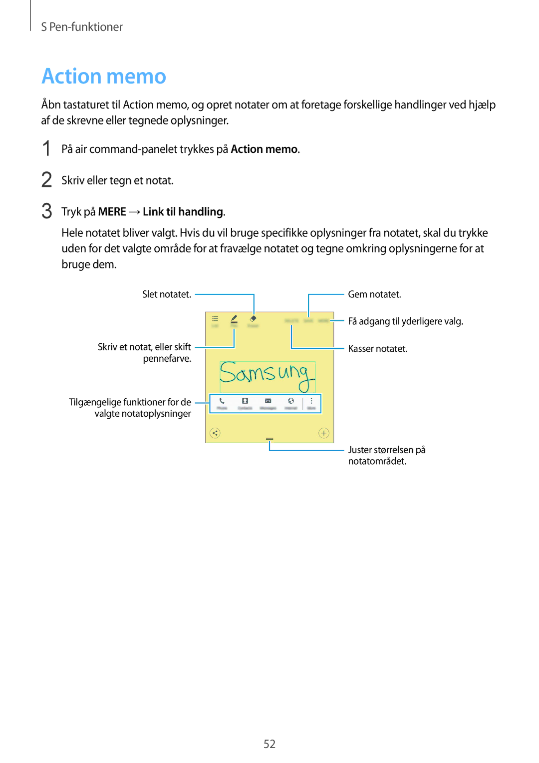 Samsung SM-N915FZWYNEE, SM-N915FZKYNEE manual Action memo, Tryk på Mere →Link til handling 