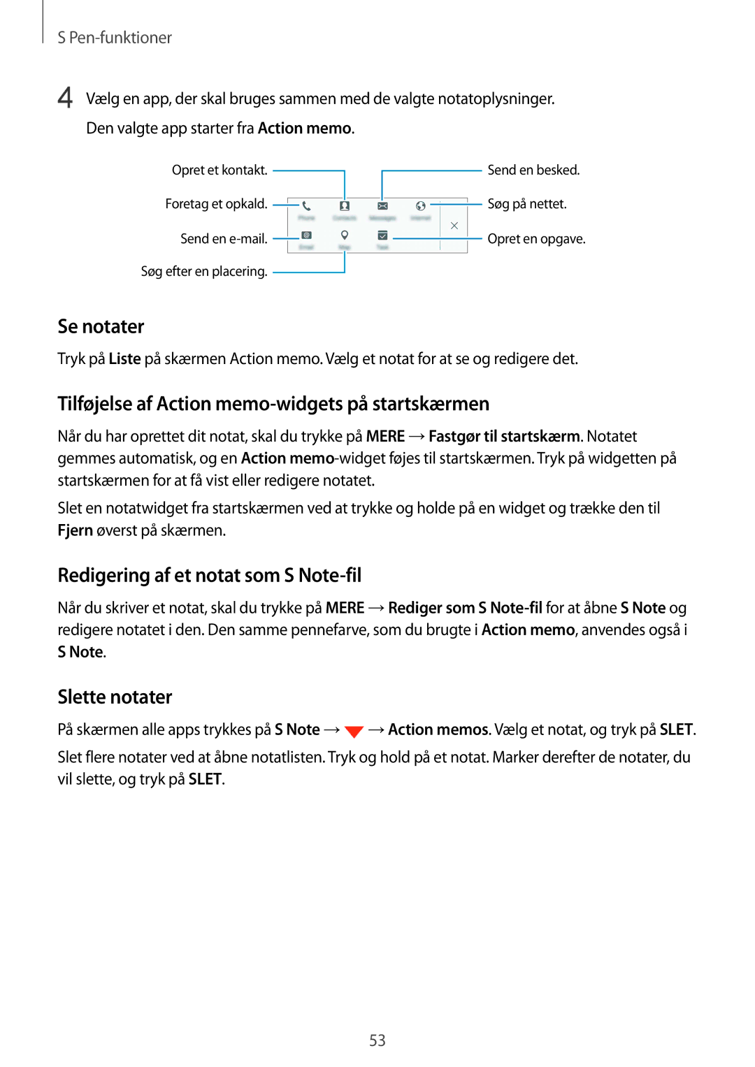 Samsung SM-N915FZKYNEE, SM-N915FZWYNEE manual Se notater, Tilføjelse af Action memo-widgets på startskærmen, Slette notater 