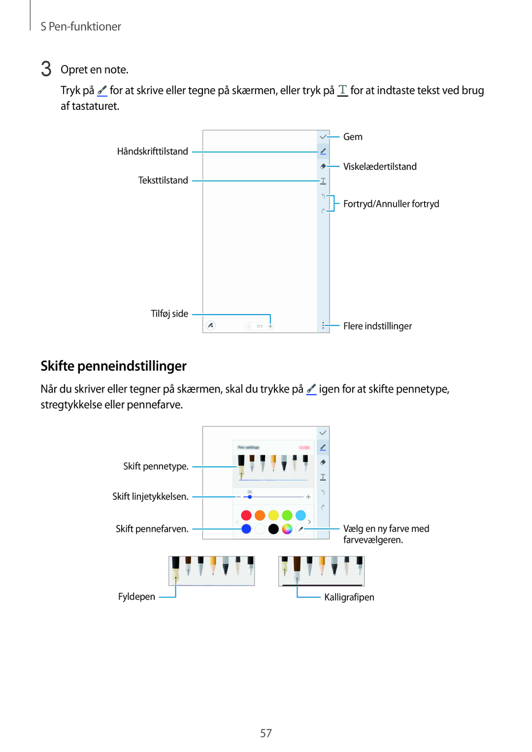 Samsung SM-N915FZKYNEE, SM-N915FZWYNEE manual Skifte penneindstillinger 