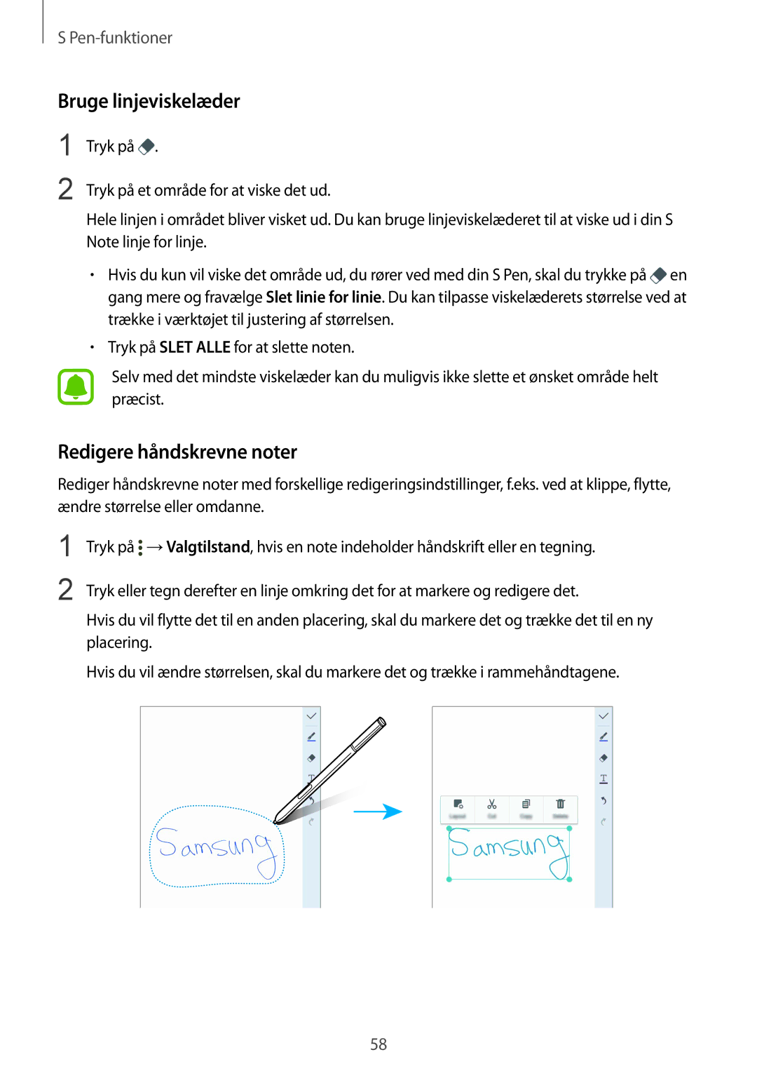 Samsung SM-N915FZWYNEE, SM-N915FZKYNEE manual Bruge linjeviskelæder, Redigere håndskrevne noter 