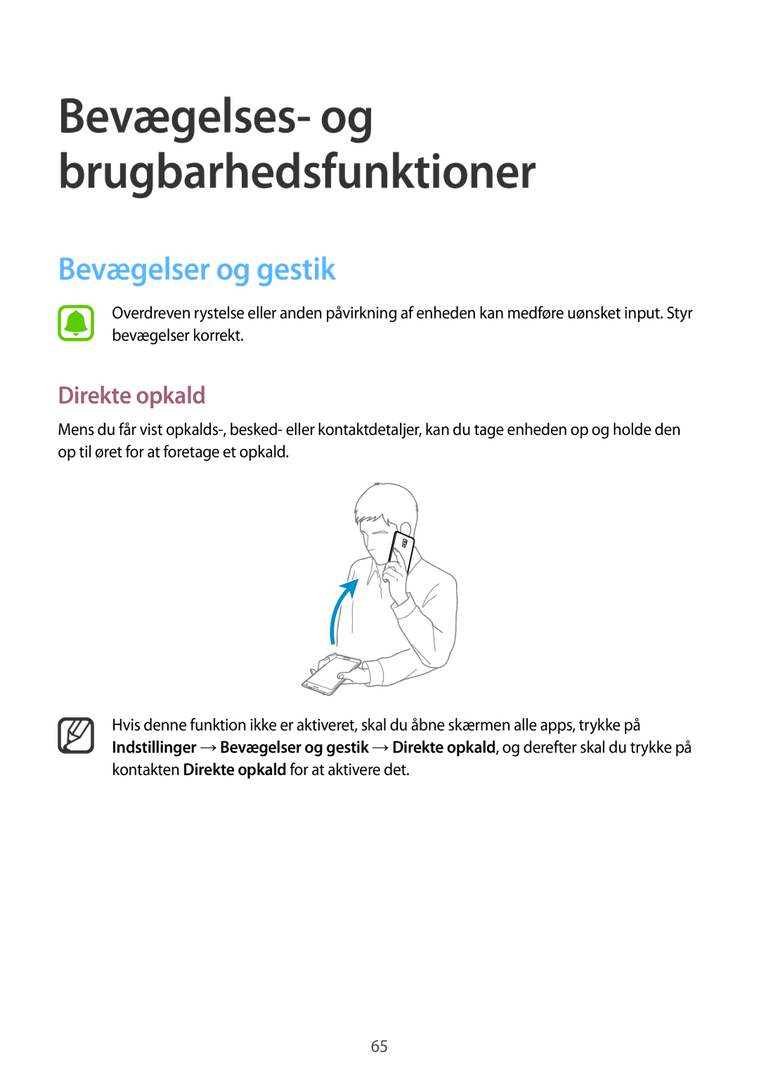 Samsung SM-N915FZKYNEE, SM-N915FZWYNEE manual Bevægelser og gestik, Direkte opkald 