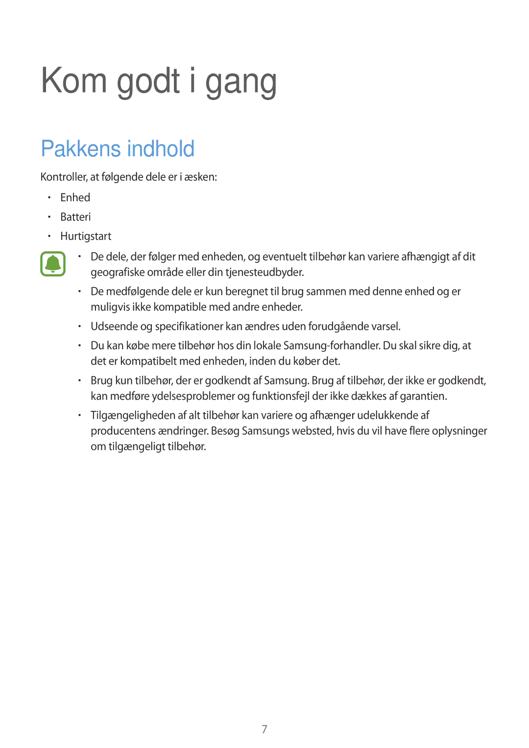 Samsung SM-N915FZKYNEE, SM-N915FZWYNEE manual Kom godt i gang, Pakkens indhold 