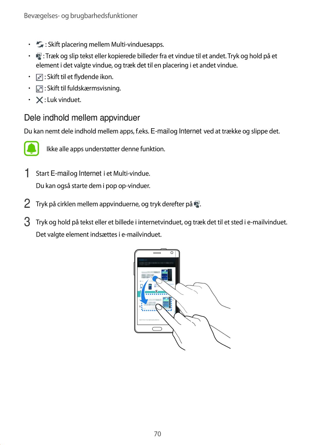 Samsung SM-N915FZWYNEE, SM-N915FZKYNEE manual Dele indhold mellem appvinduer, Skift placering mellem Multi-vinduesapps 