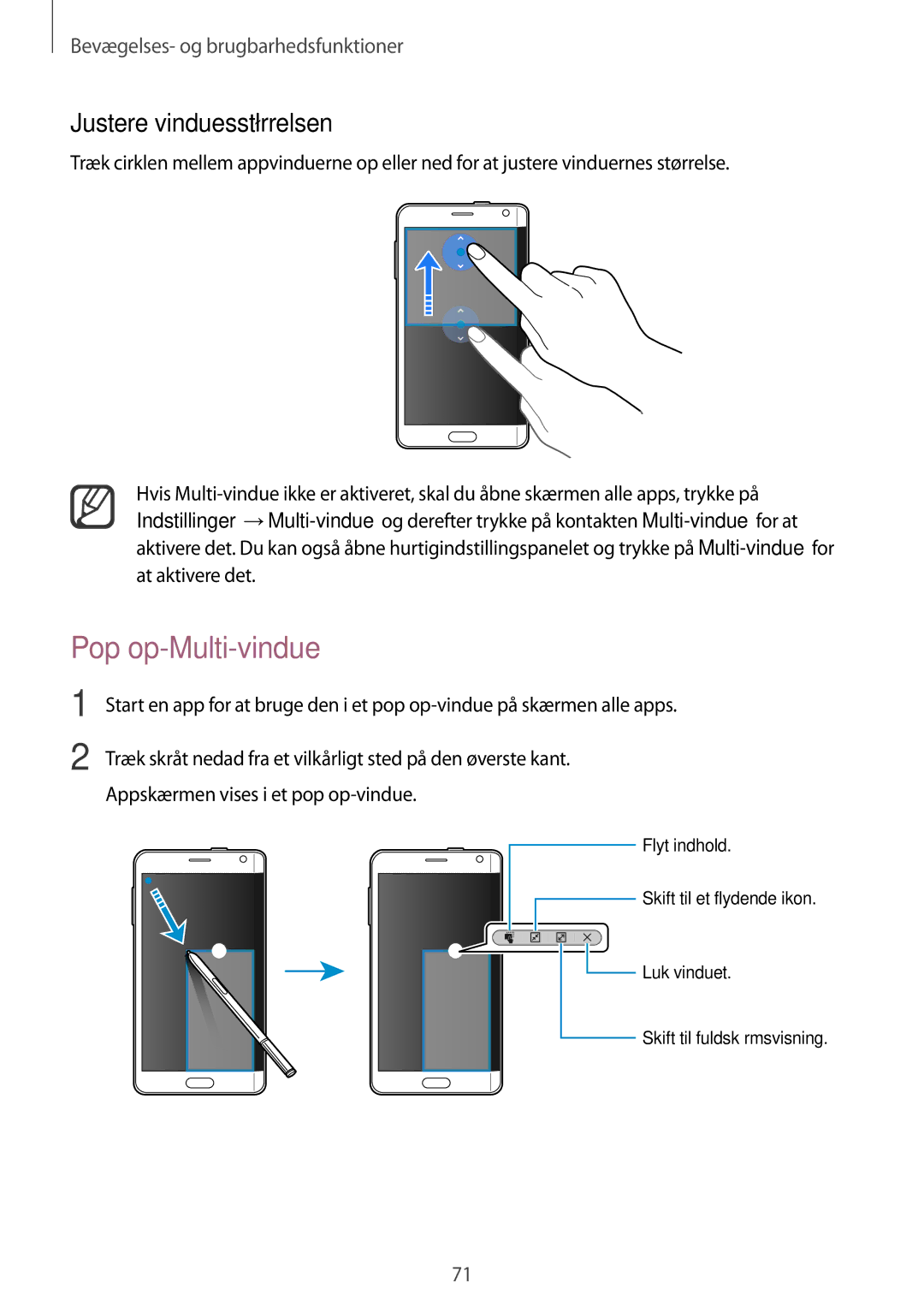 Samsung SM-N915FZKYNEE, SM-N915FZWYNEE manual Pop op-Multi-vindue, Justere vinduesstørrelsen 