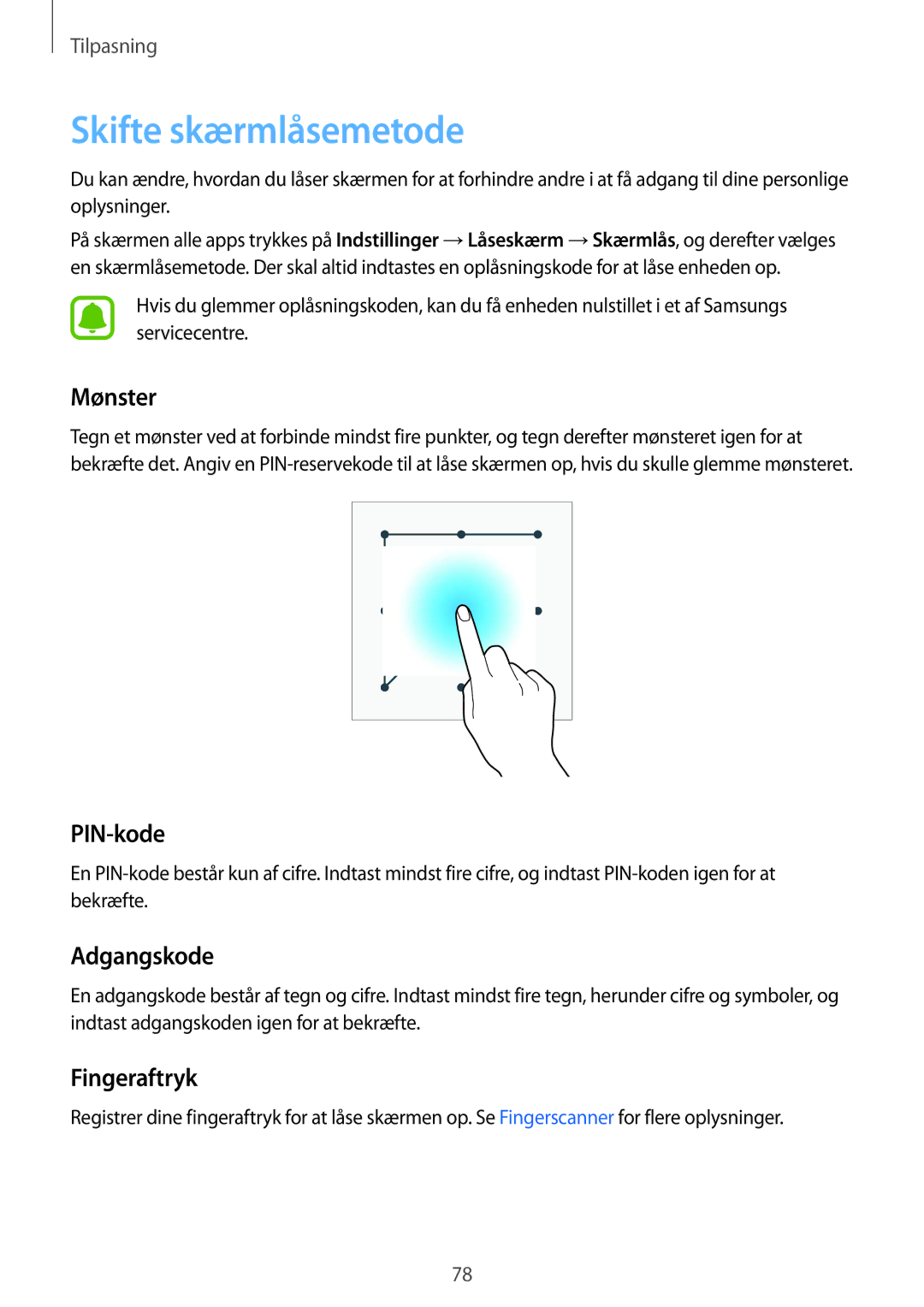 Samsung SM-N915FZWYNEE, SM-N915FZKYNEE manual Skifte skærmlåsemetode, Mønster, PIN-kode, Adgangskode, Fingeraftryk 