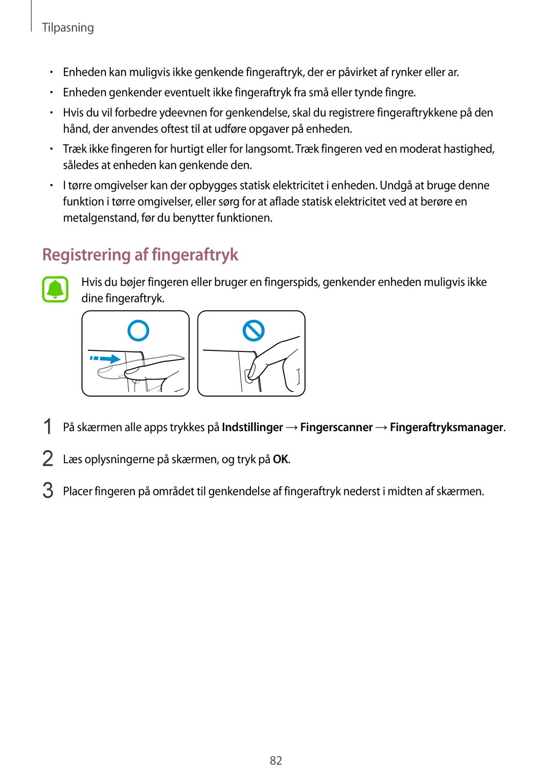 Samsung SM-N915FZWYNEE, SM-N915FZKYNEE manual Registrering af fingeraftryk 