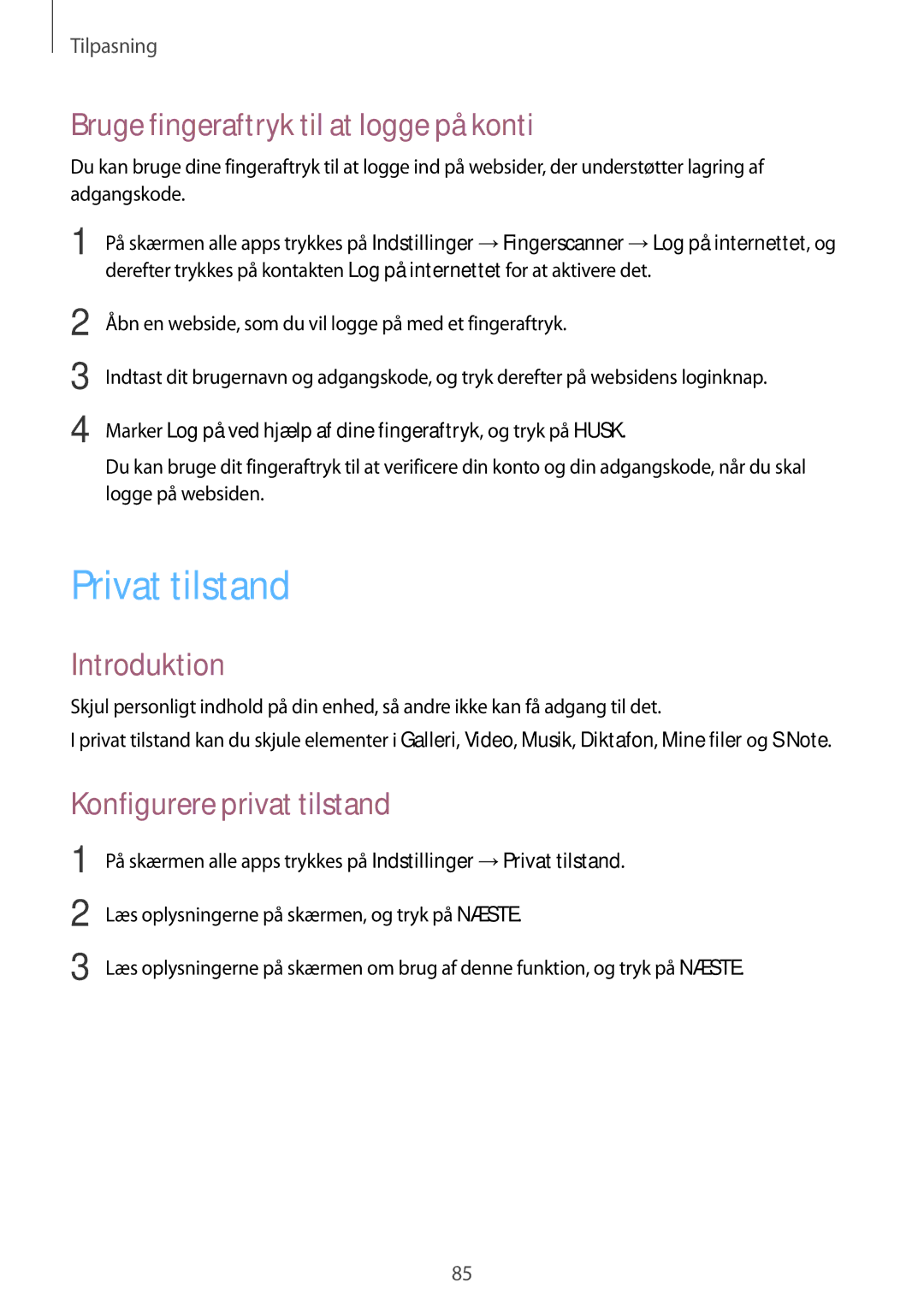 Samsung SM-N915FZKYNEE manual Privat tilstand, Bruge fingeraftryk til at logge på konti, Konfigurere privat tilstand 