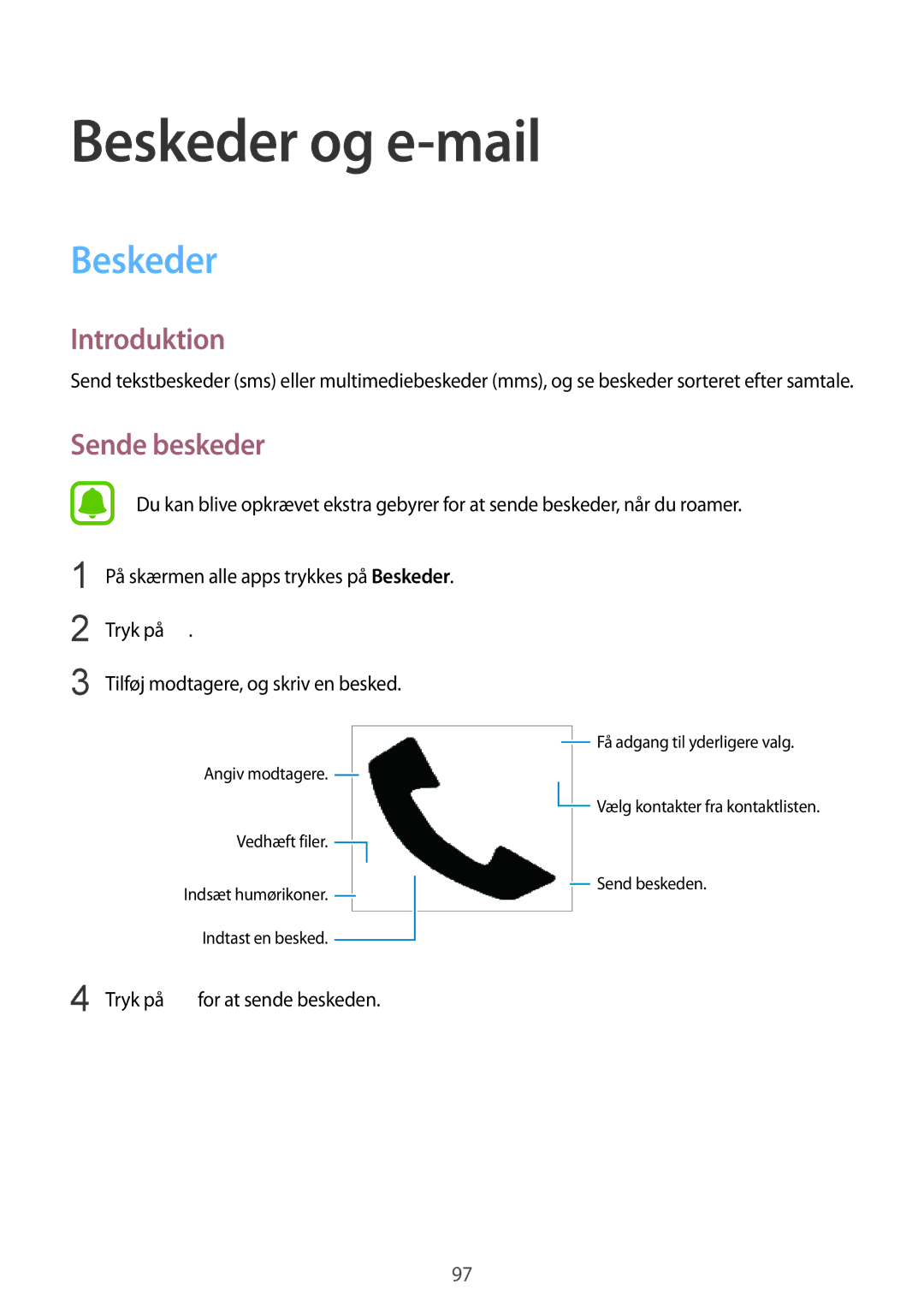 Samsung SM-N915FZKYNEE, SM-N915FZWYNEE manual Beskeder og e-mail, Sende beskeder 