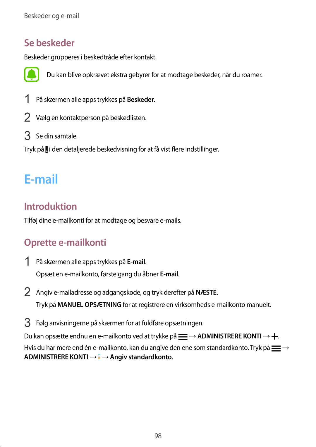 Samsung SM-N915FZWYNEE, SM-N915FZKYNEE manual Mail, Se beskeder, Oprette e-mailkonti 