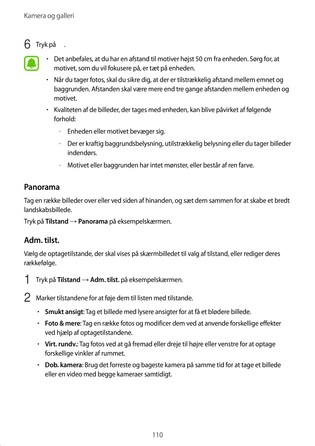 Samsung SM-N915FZWYNEE, SM-N915FZKYNEE manual Panorama, Adm. tilst 