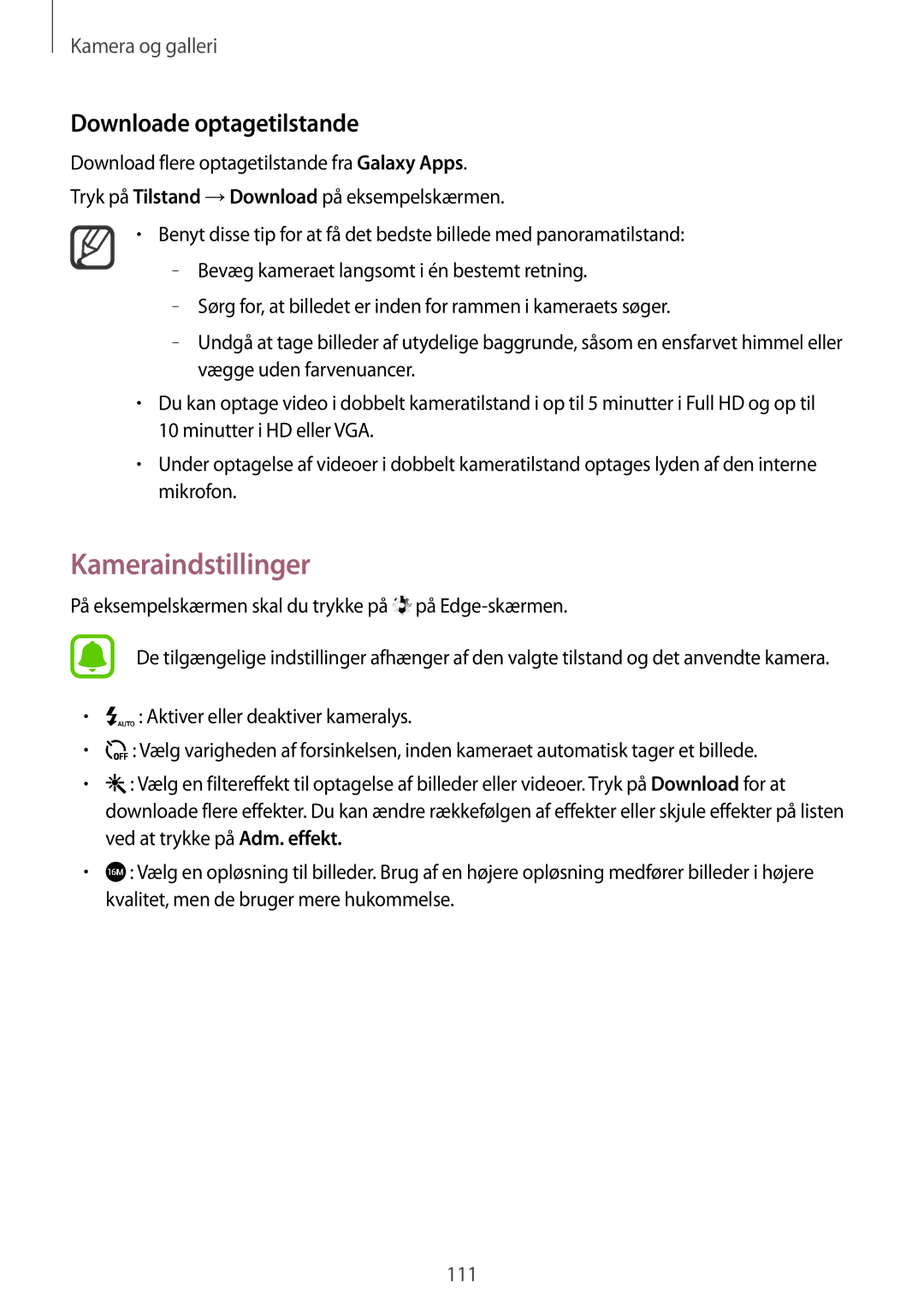 Samsung SM-N915FZKYNEE, SM-N915FZWYNEE manual Kameraindstillinger, Downloade optagetilstande 