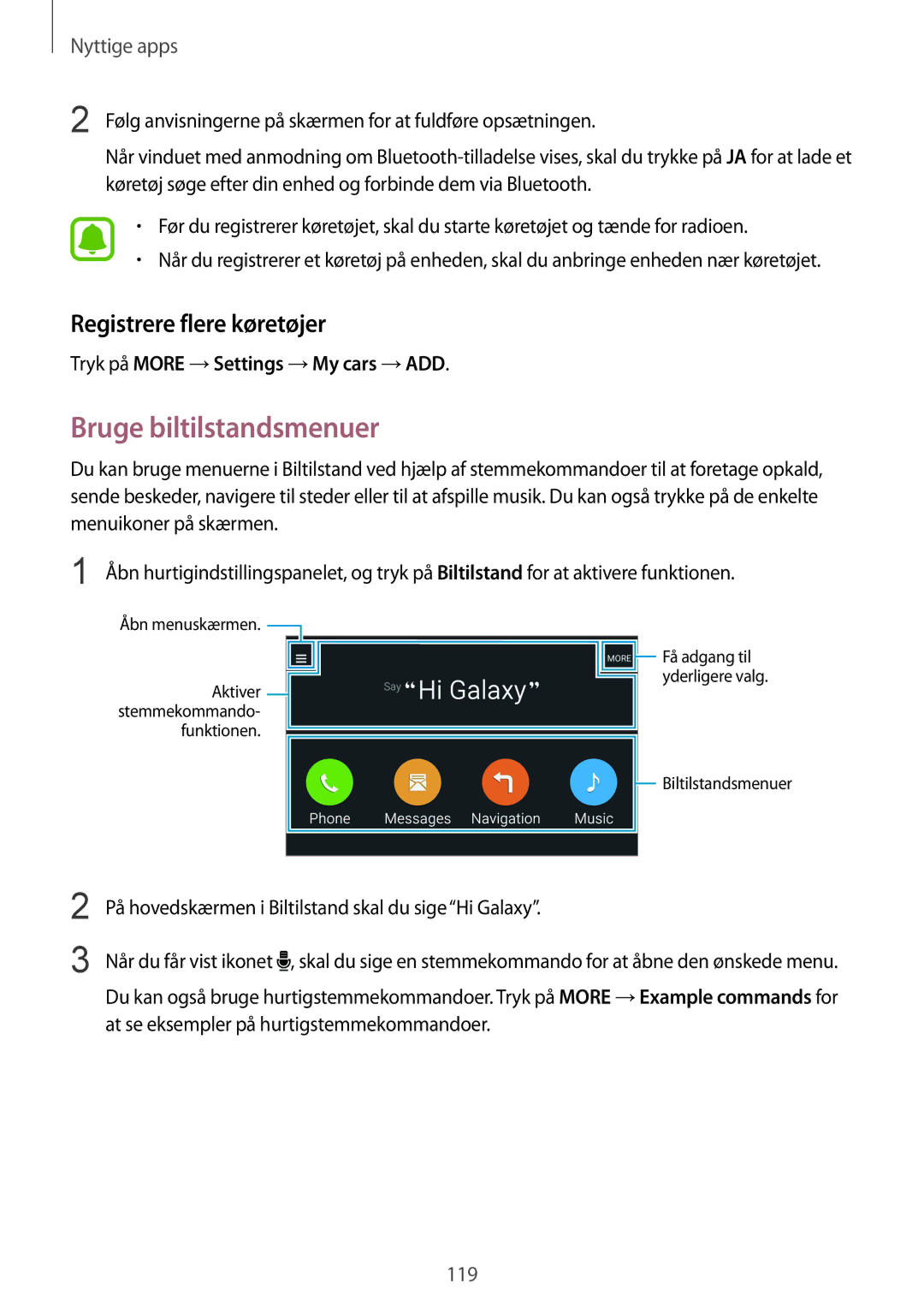 Samsung SM-N915FZKYNEE, SM-N915FZWYNEE manual Bruge biltilstandsmenuer, Registrere flere køretøjer 