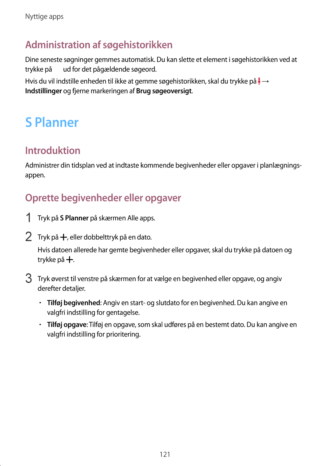 Samsung SM-N915FZKYNEE, SM-N915FZWYNEE manual Planner, Administration af søgehistorikken, Oprette begivenheder eller opgaver 