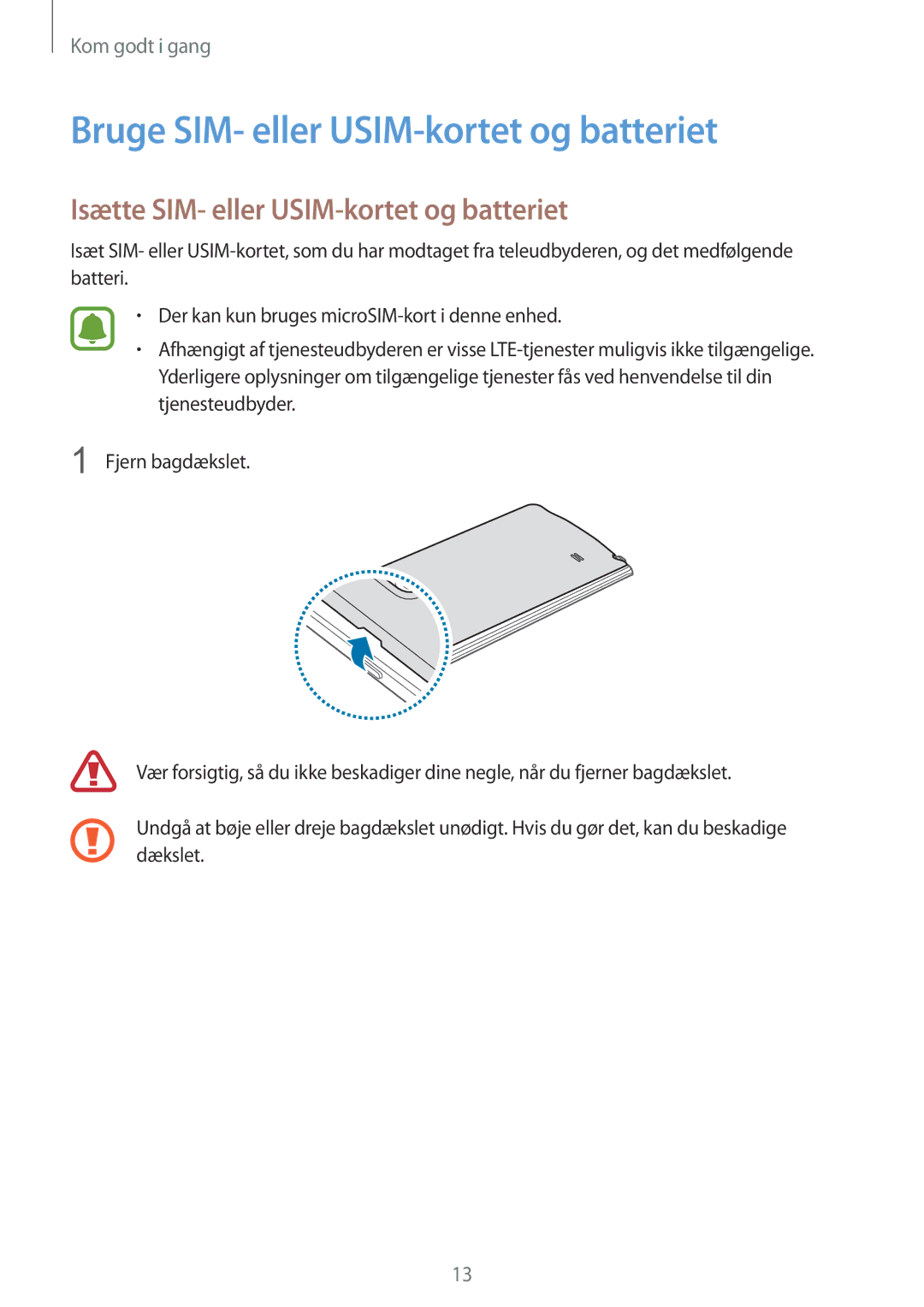 Samsung SM-N915FZKYNEE manual Bruge SIM- eller USIM-kortet og batteriet, Isætte SIM- eller USIM-kortet og batteriet 