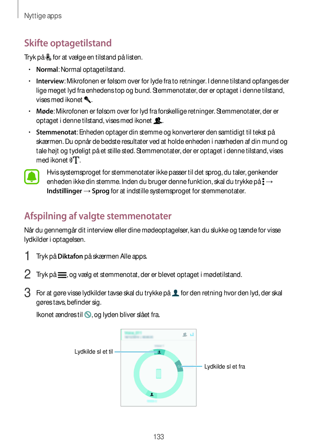 Samsung SM-N915FZKYNEE, SM-N915FZWYNEE manual Skifte optagetilstand, Afspilning af valgte stemmenotater 