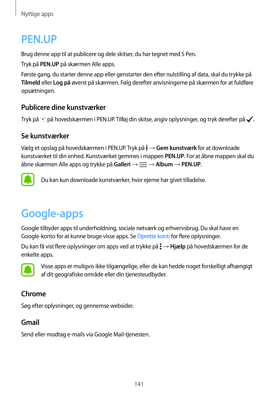 Samsung SM-N915FZKYNEE, SM-N915FZWYNEE manual Google-apps, Publicere dine kunstværker, Se kunstværker, Chrome, Gmail 