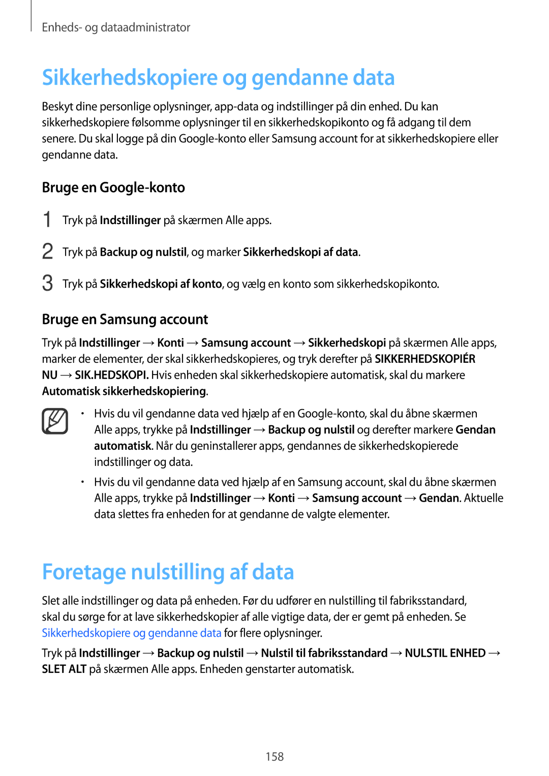 Samsung SM-N915FZWYNEE manual Sikkerhedskopiere og gendanne data, Foretage nulstilling af data, Bruge en Google-konto 