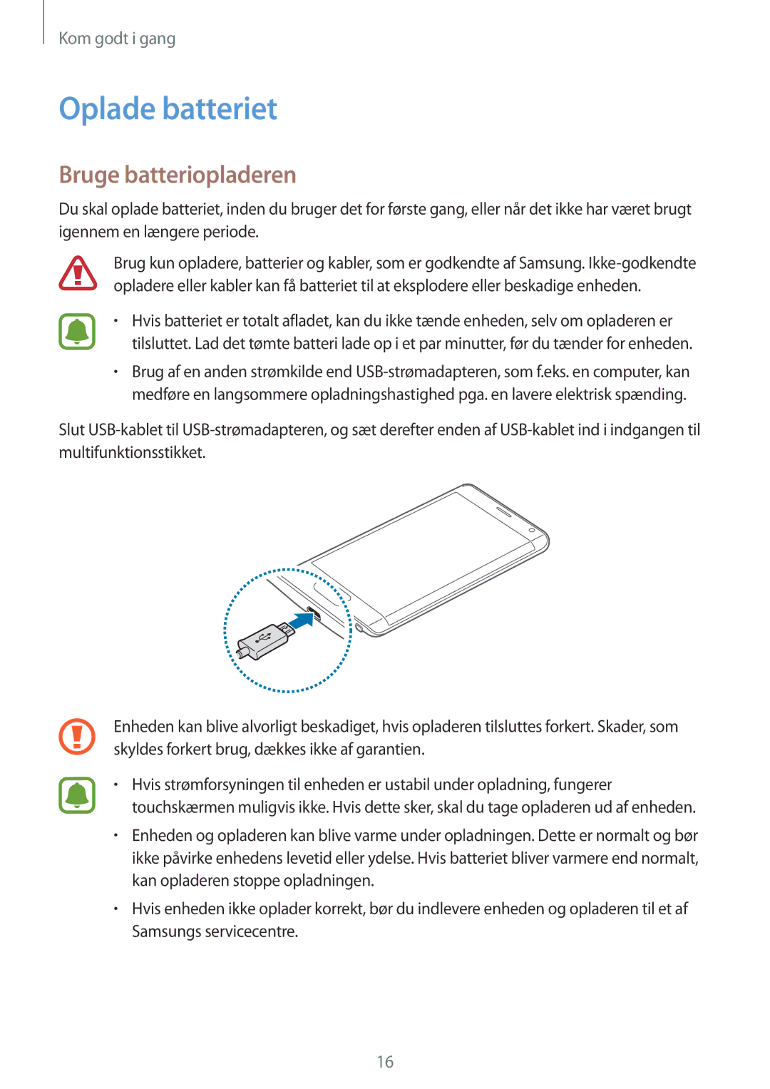 Samsung SM-N915FZWYNEE, SM-N915FZKYNEE manual Oplade batteriet, Bruge batteriopladeren 