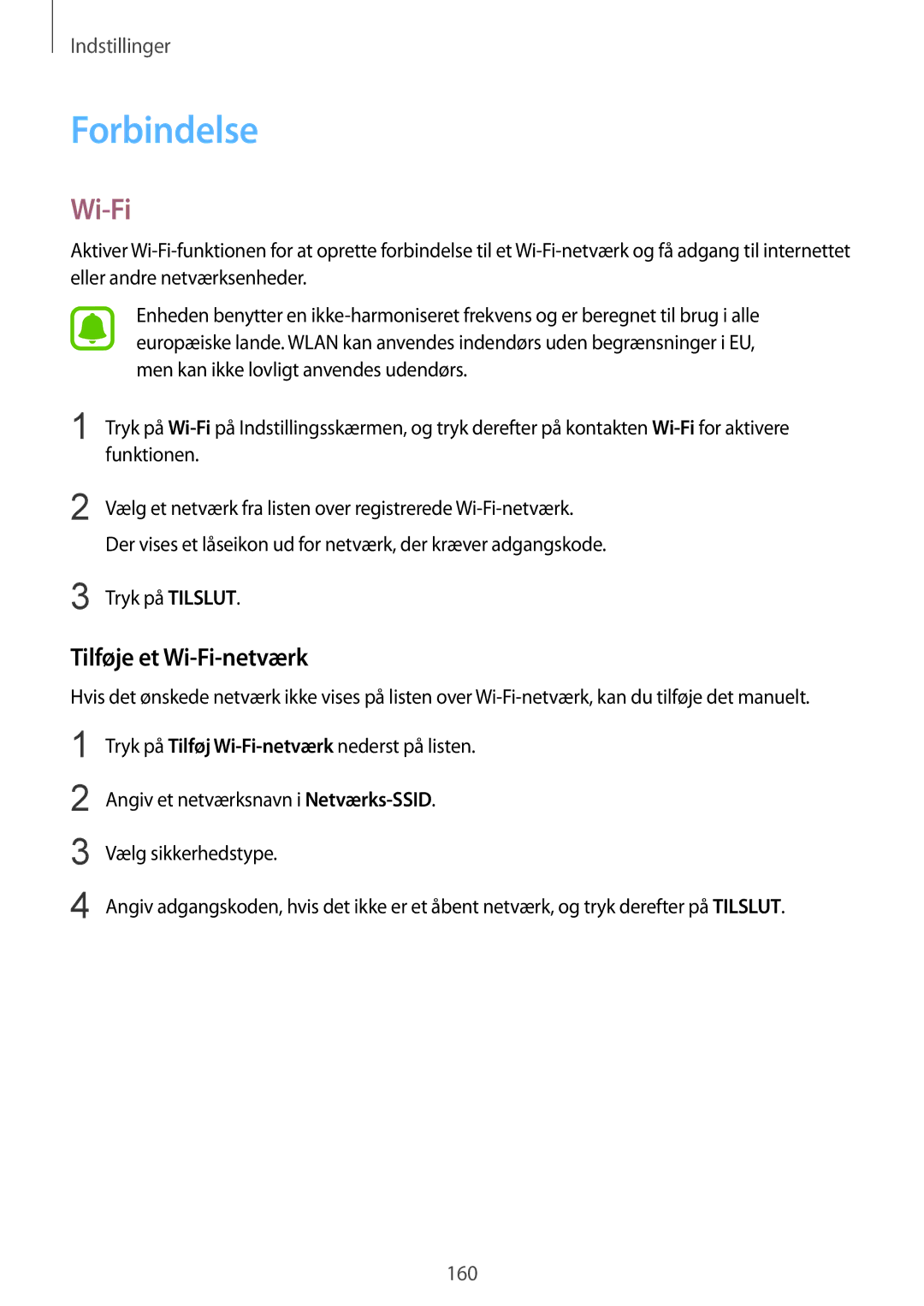 Samsung SM-N915FZWYNEE, SM-N915FZKYNEE manual Forbindelse, Tilføje et Wi-Fi-netværk, Tryk på Tilslut 