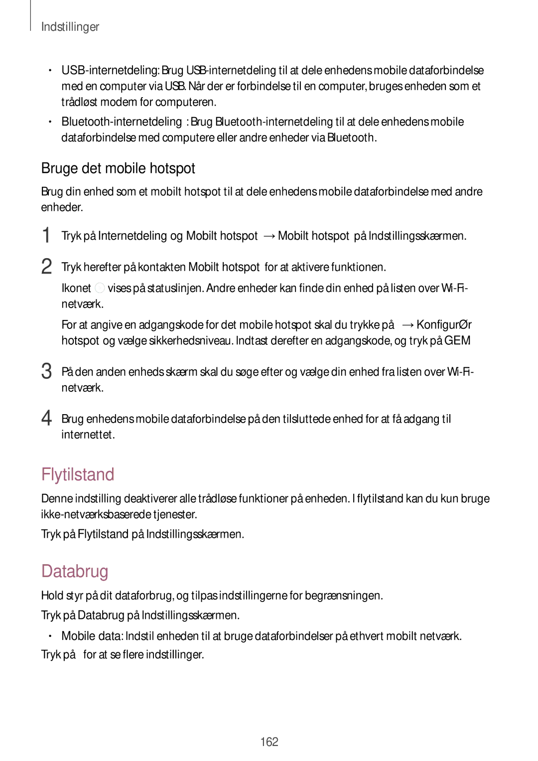 Samsung SM-N915FZWYNEE, SM-N915FZKYNEE manual Flytilstand, Databrug, Bruge det mobile hotspot, Netværk, Internettet 