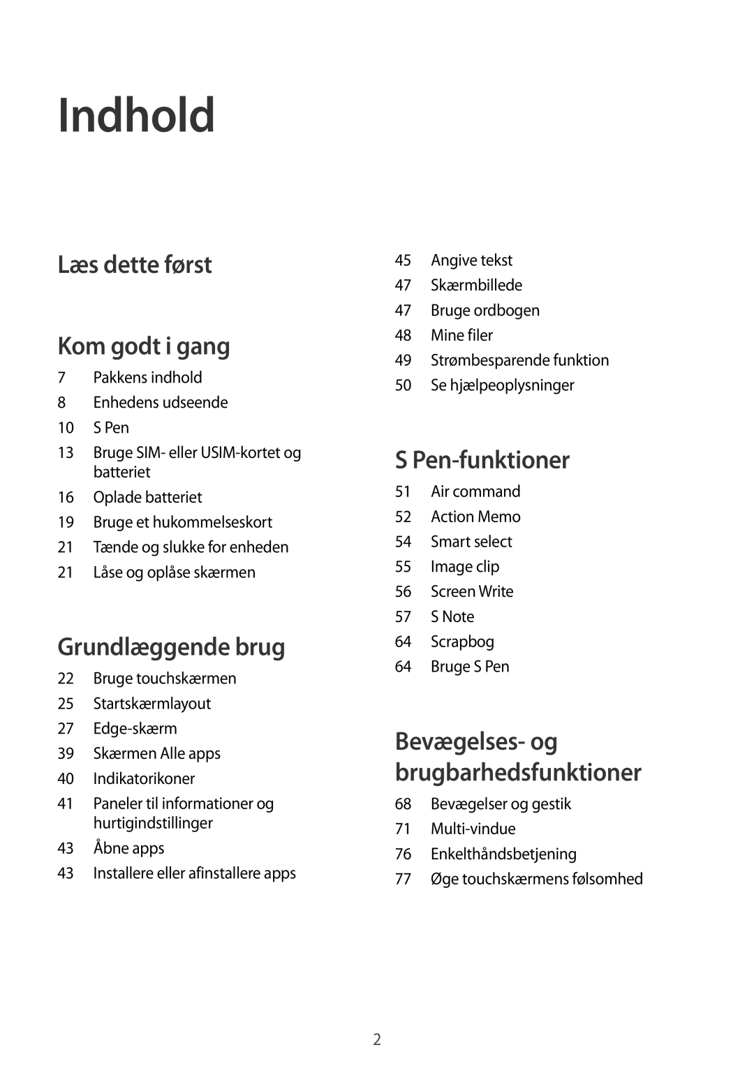 Samsung SM-N915FZWYNEE, SM-N915FZKYNEE manual Indhold, Læs dette først Kom godt i gang 