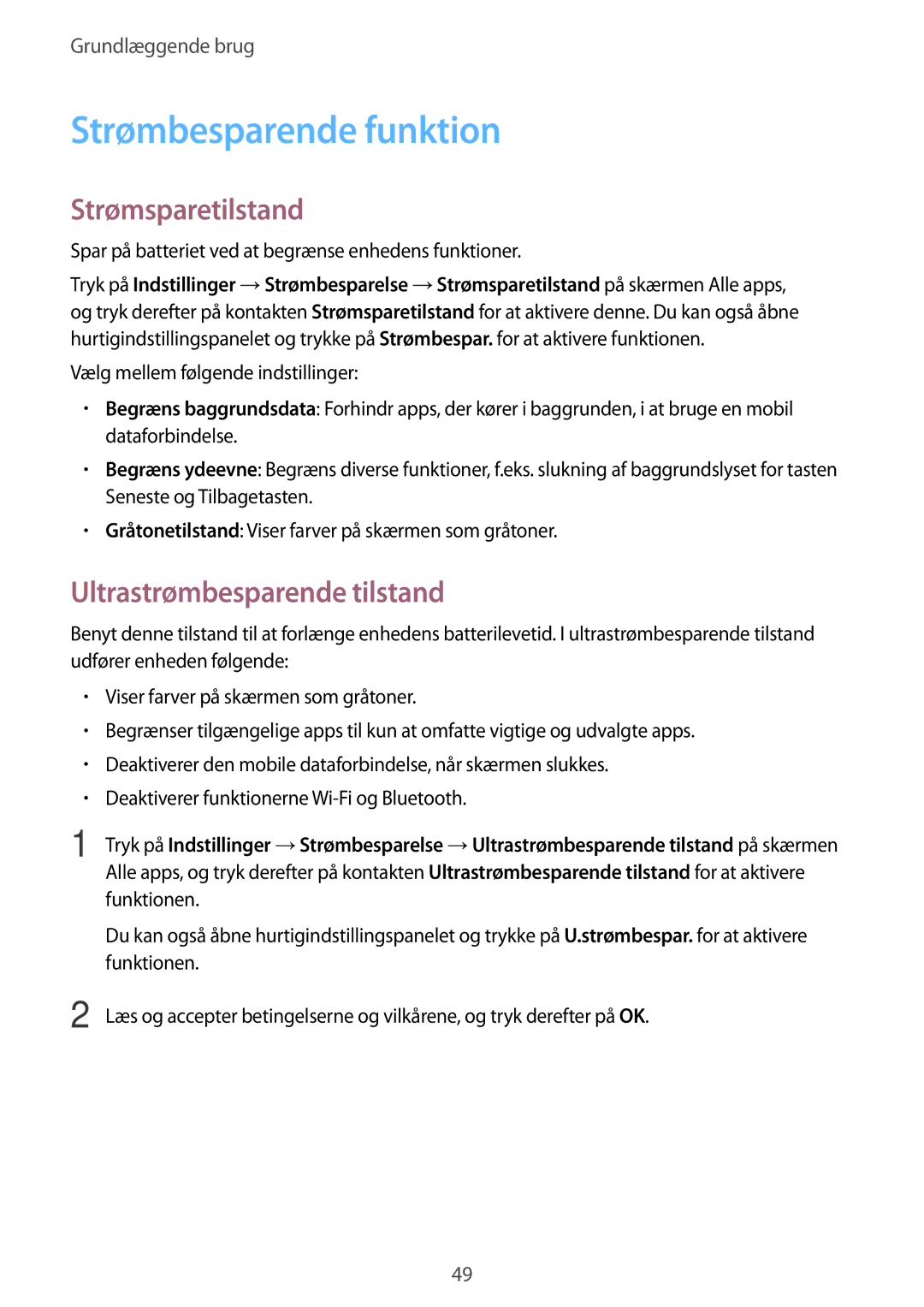 Samsung SM-N915FZKYNEE manual Strømbesparende funktion, Strømsparetilstand, Ultrastrømbesparende tilstand, Funktionen 