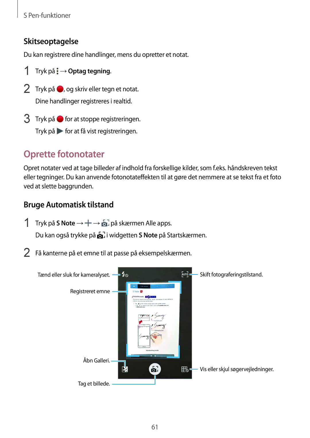 Samsung SM-N915FZKYNEE, SM-N915FZWYNEE manual Oprette fotonotater, Skitseoptagelse, Bruge Automatisk tilstand 